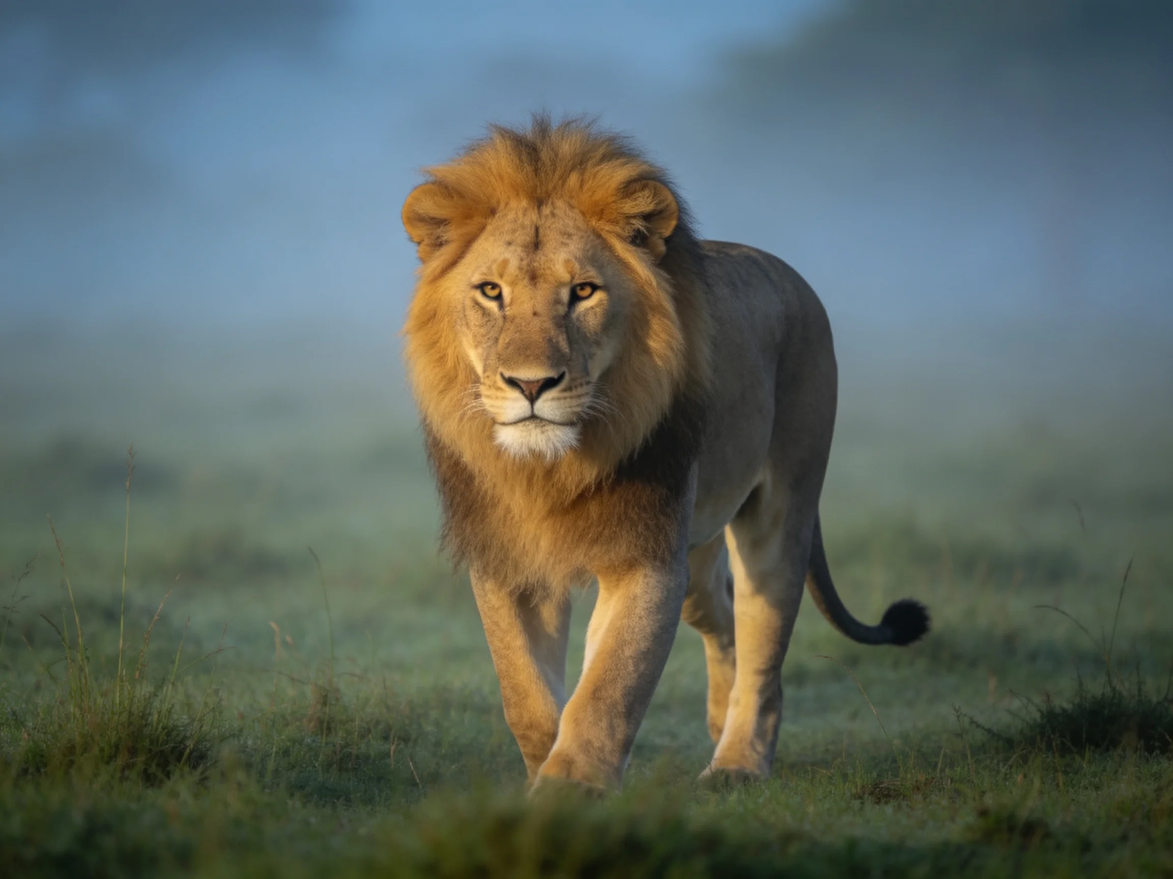 A majestic male lion with golden mane walking through misty savannah