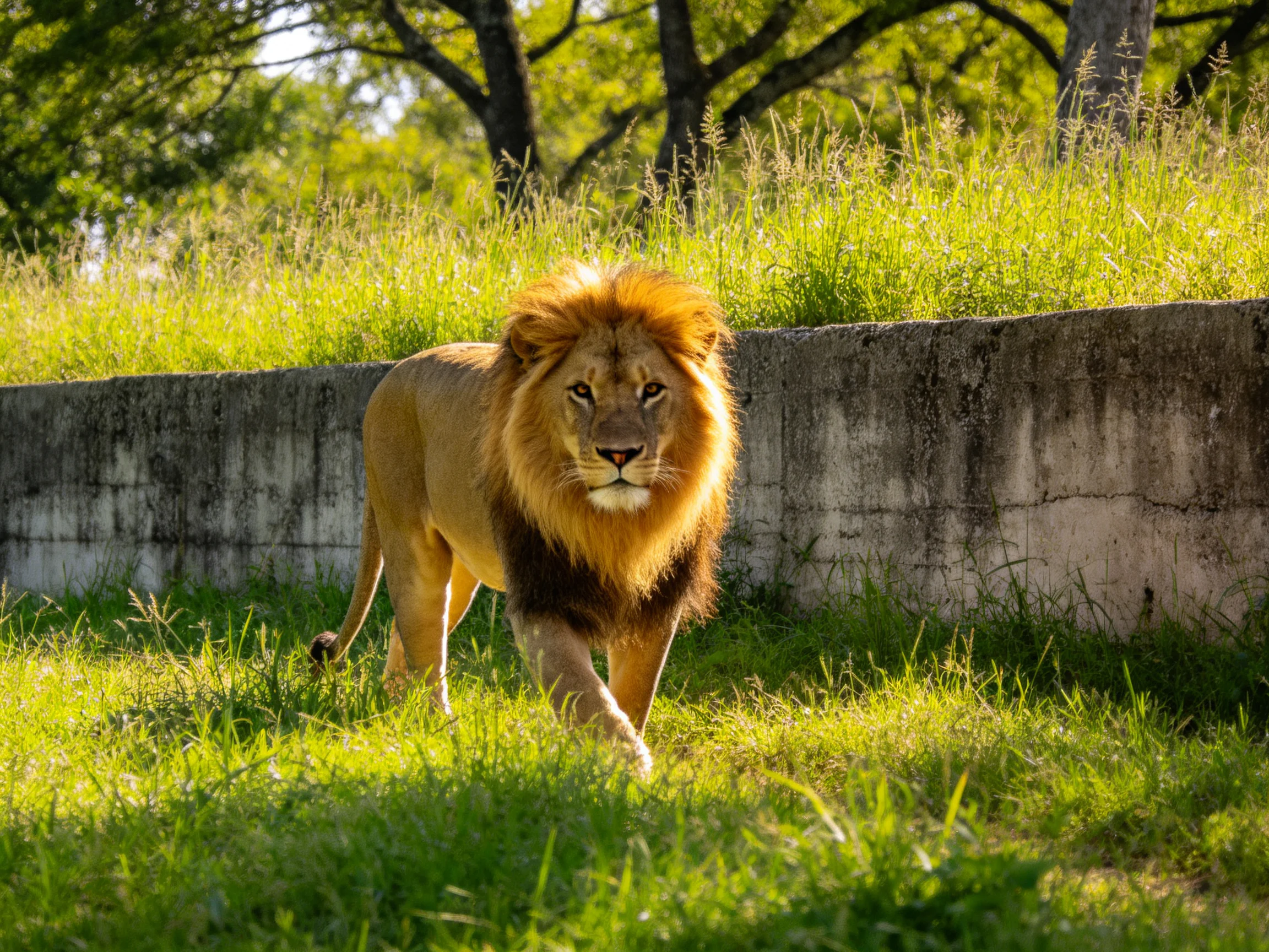 A majestic male lion with golden mane walks near an old concrete wall