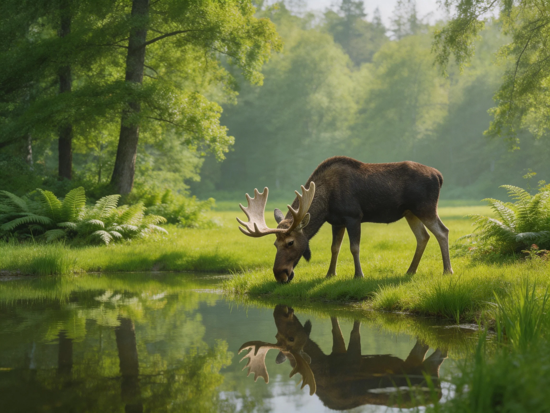 A majestic moose grazes near a tranquil forest pond