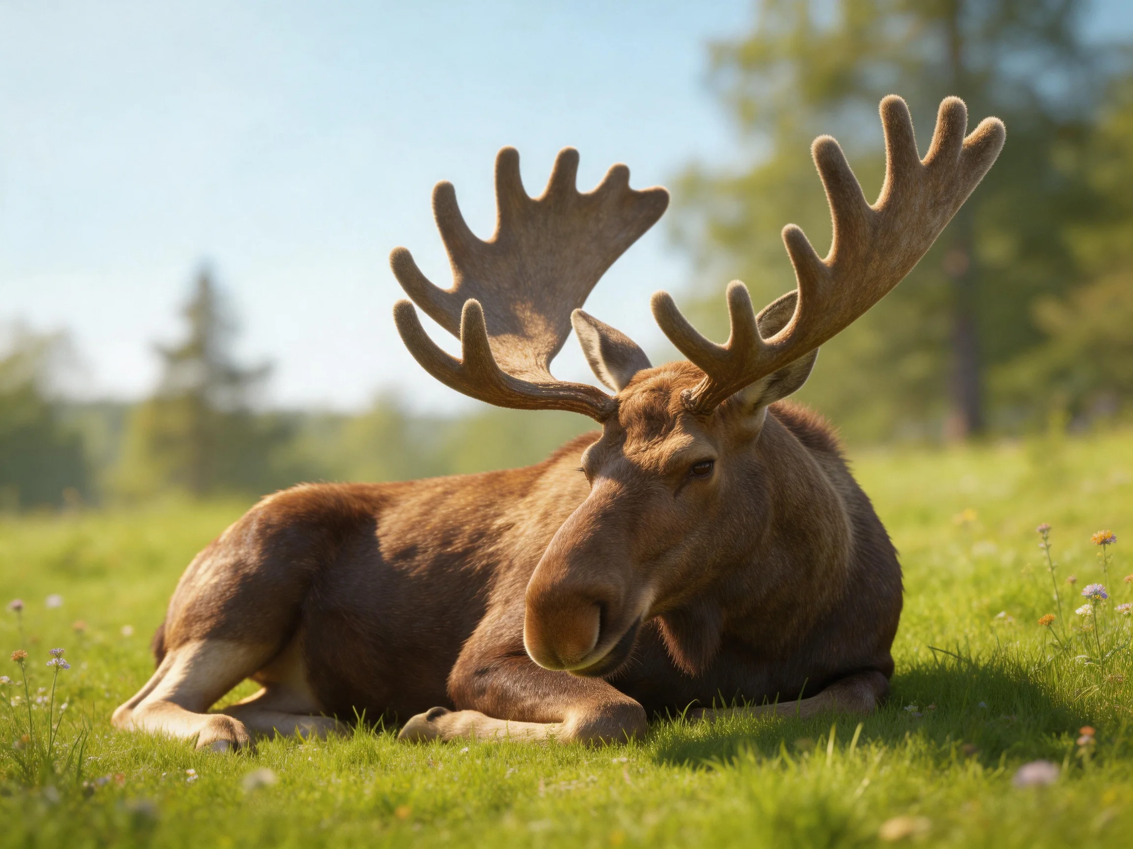 A moose with large antlers relaxes on green grass in bright daylight.