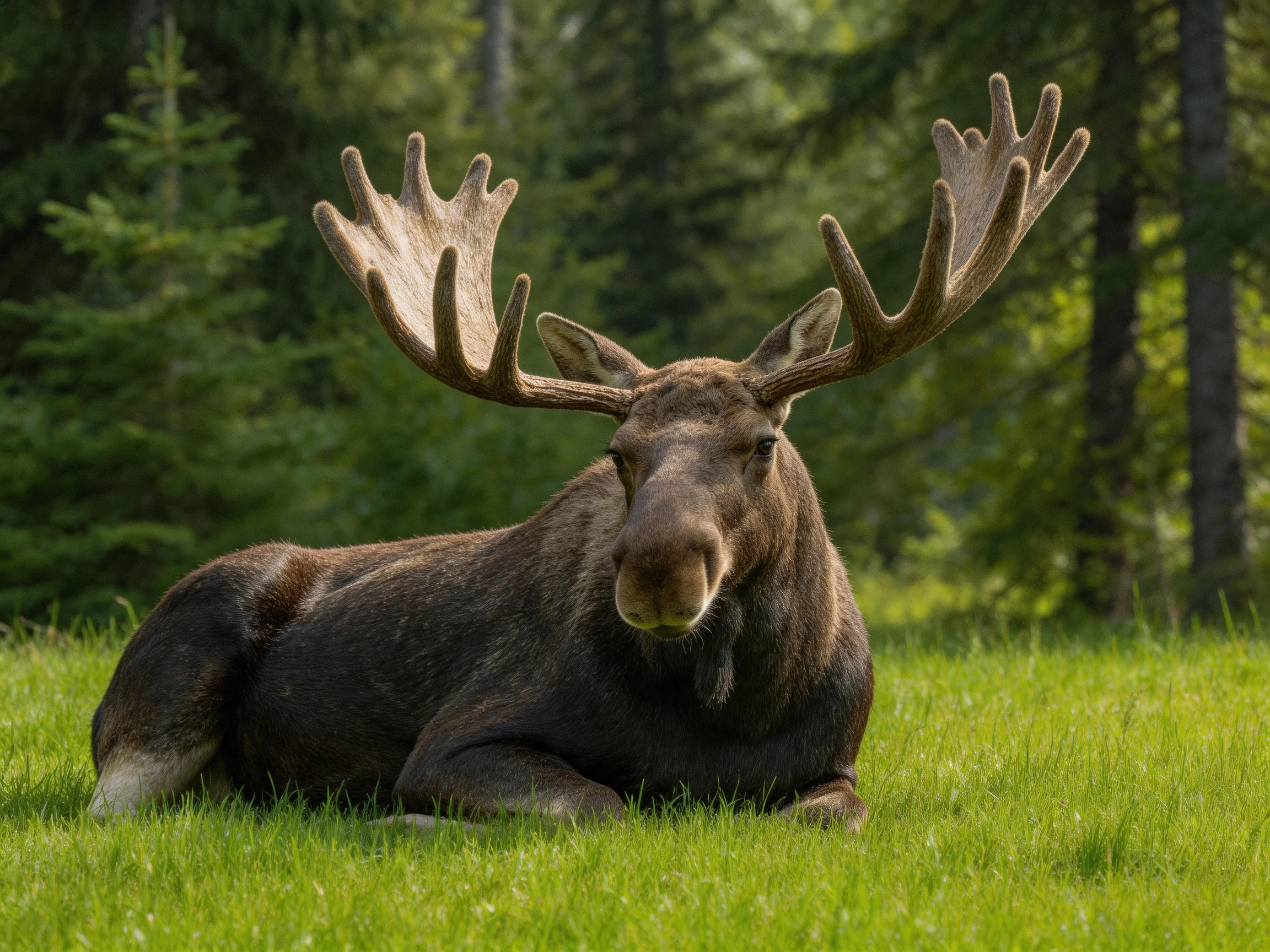 A majestic moose rests on lush green grass amid tall evergreen trees
