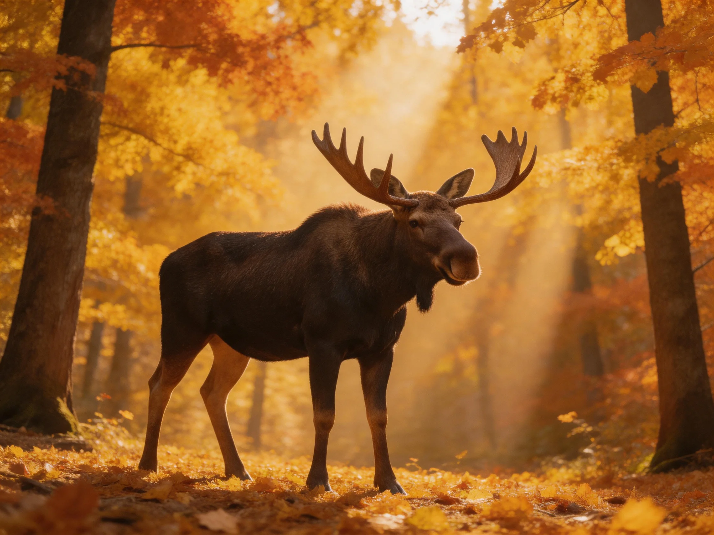 A moose with large antlers stands in a sunlit autumn forest surrounded by golden trees.