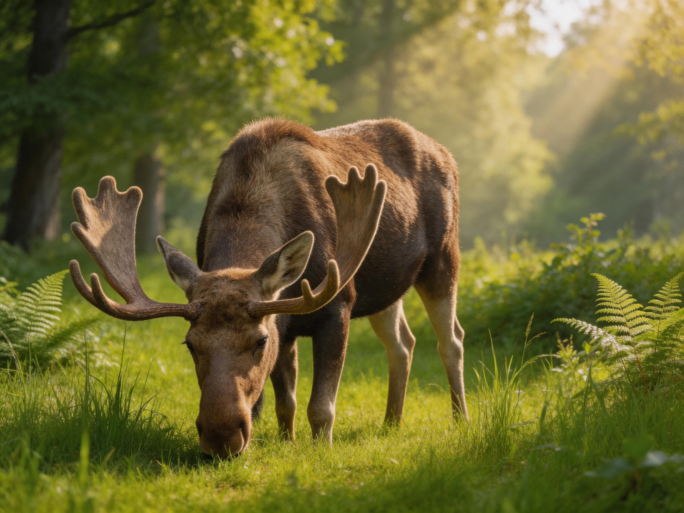 A majestic moose with broad antlers grazing in a lush green forest