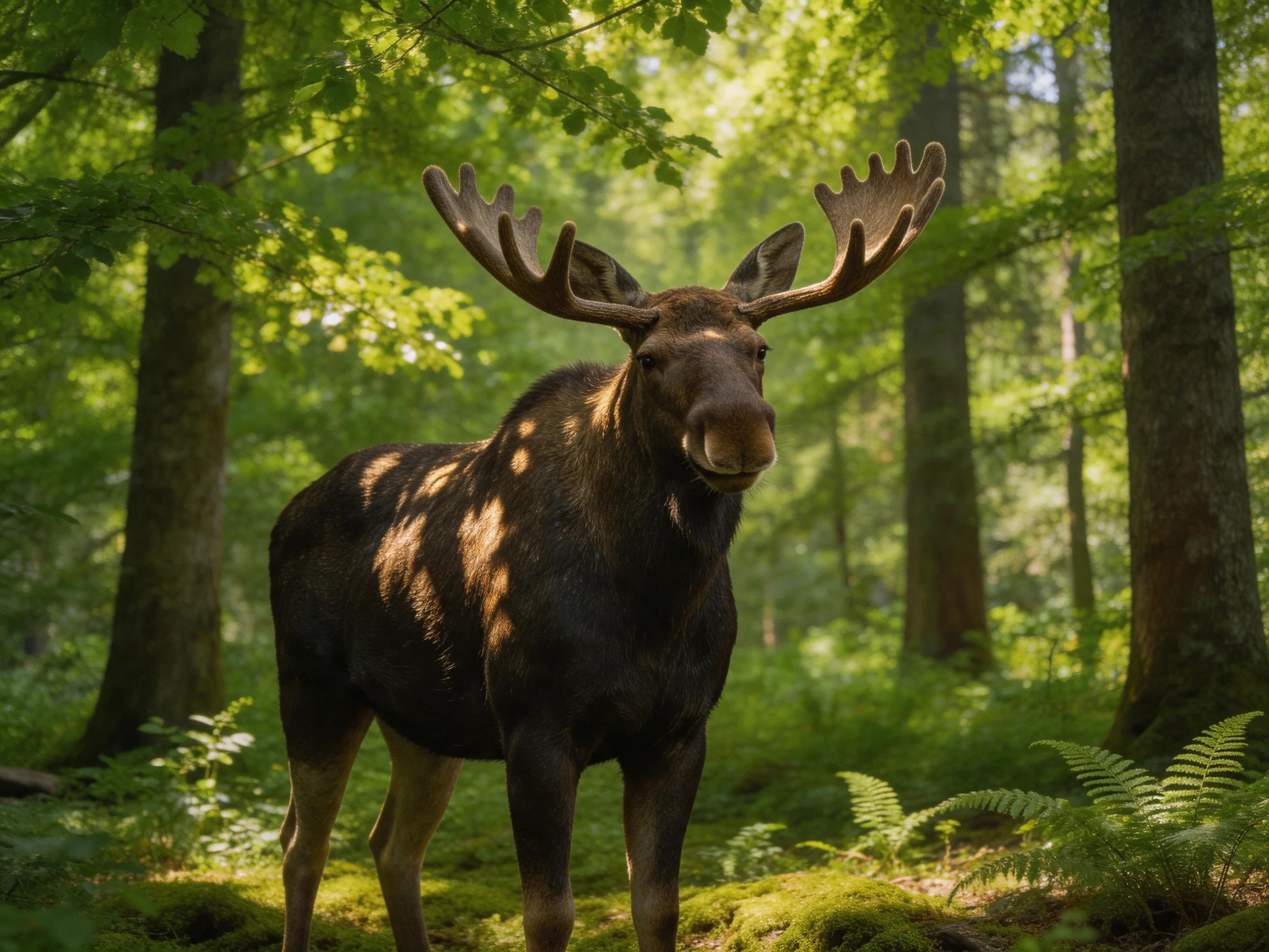 A moose with broad antlers stands in a sunlit forest.