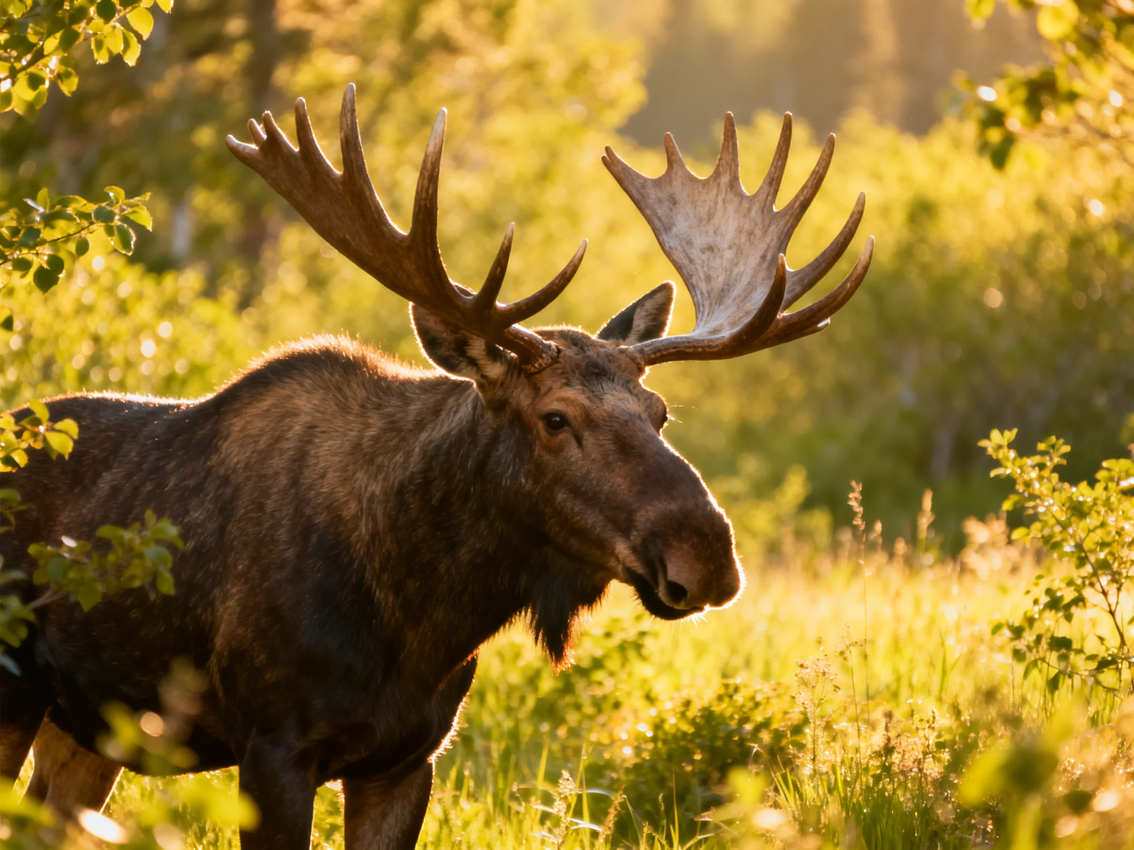 A moose stands in a sunlit forest, displaying its large antlers.