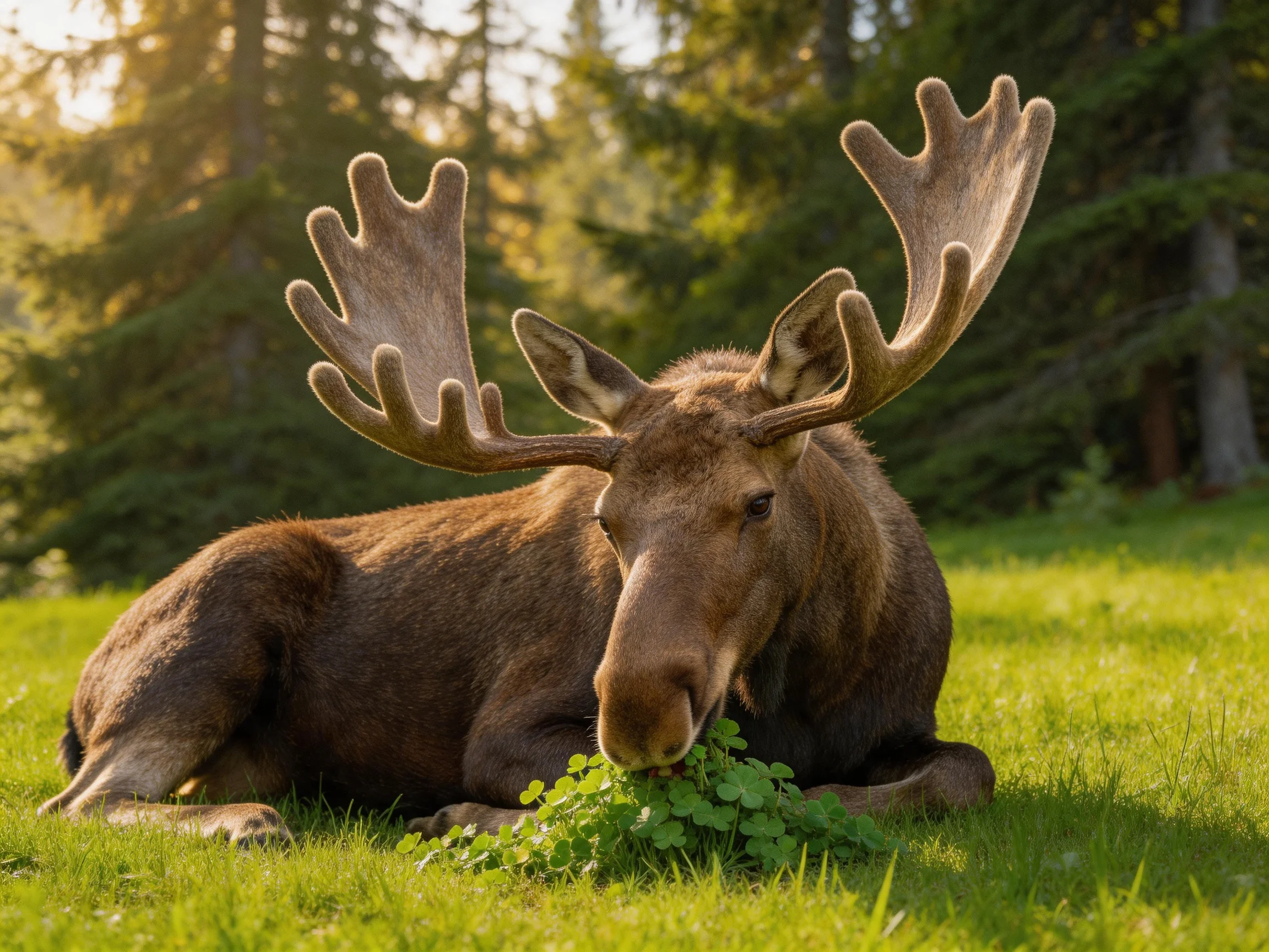 A majestic moose with broad antlers rests on lush green grass