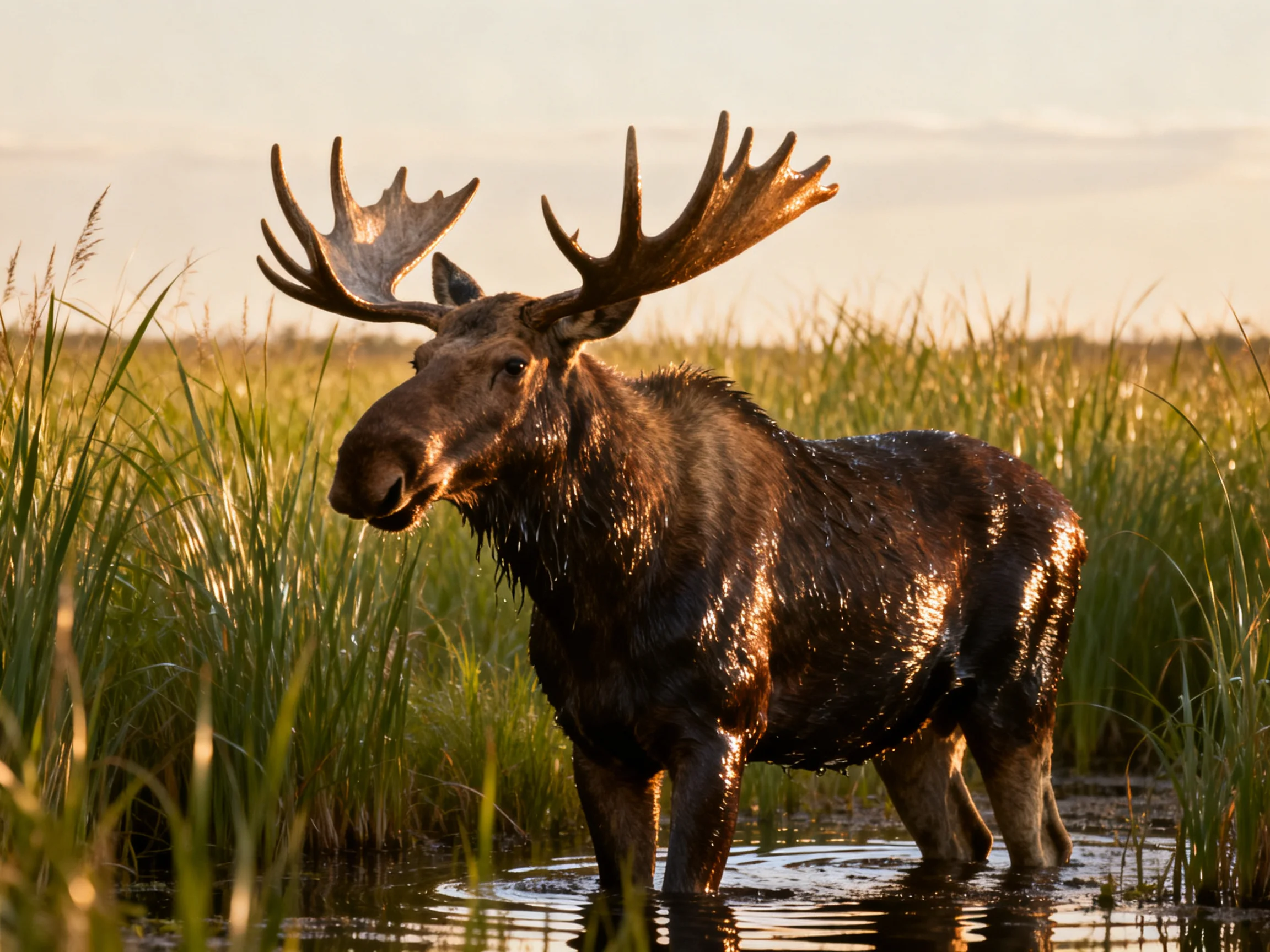A majestic moose with broad antlers stands in a sunlit marsh