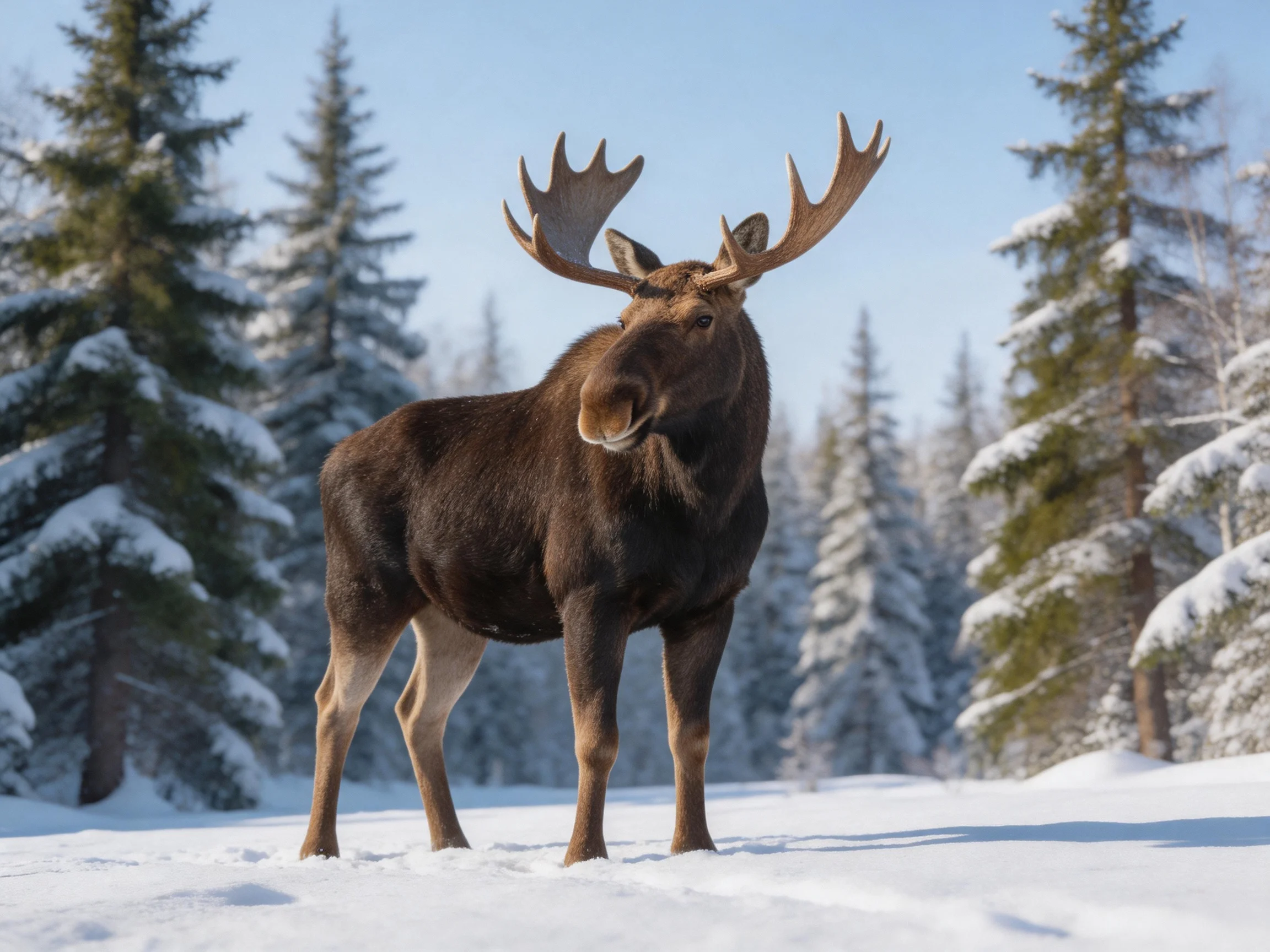 A majestic moose with large antlers in a snow - draped forest