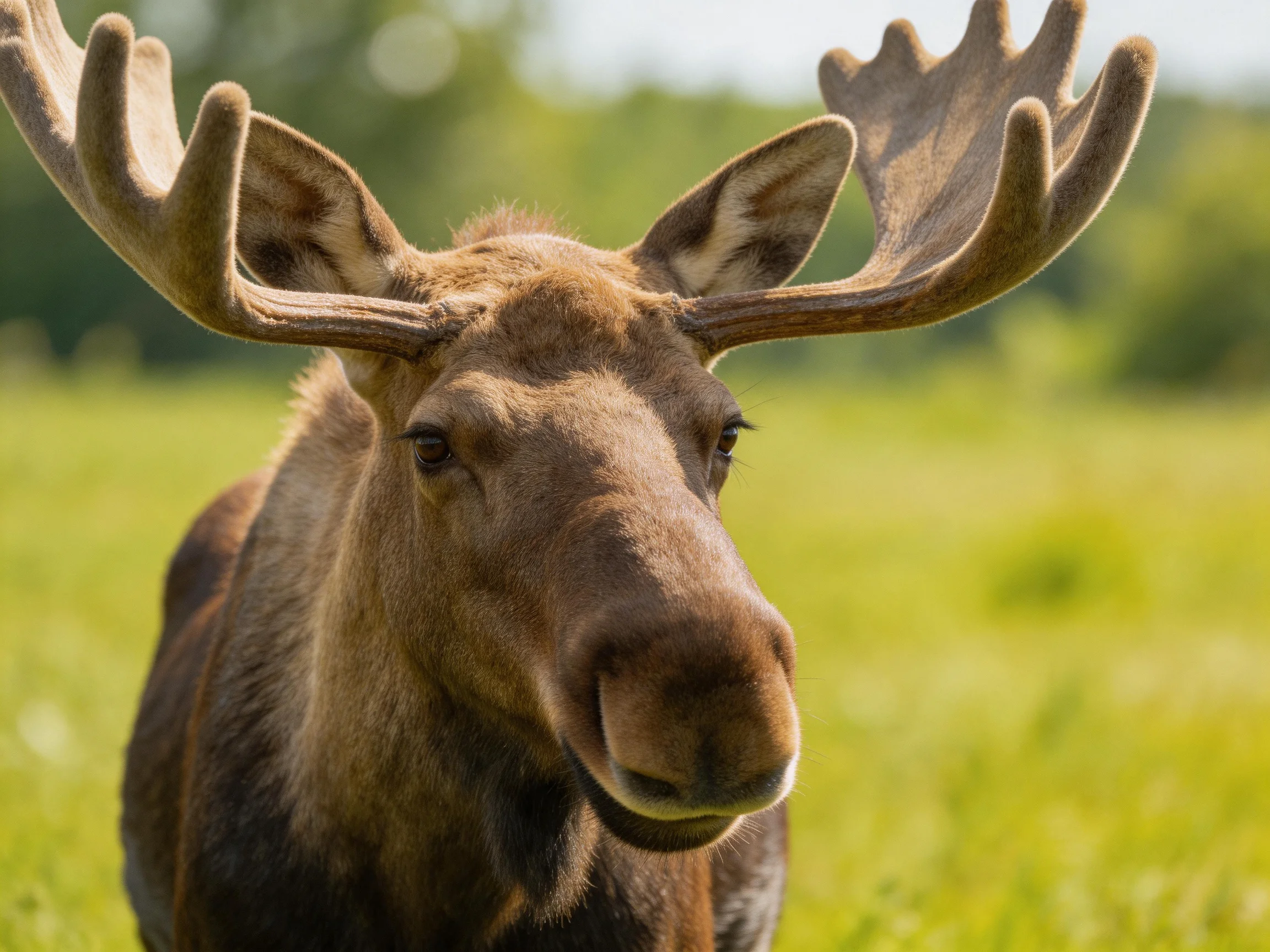 A majestic moose with large antlers in a sunlit green meadow