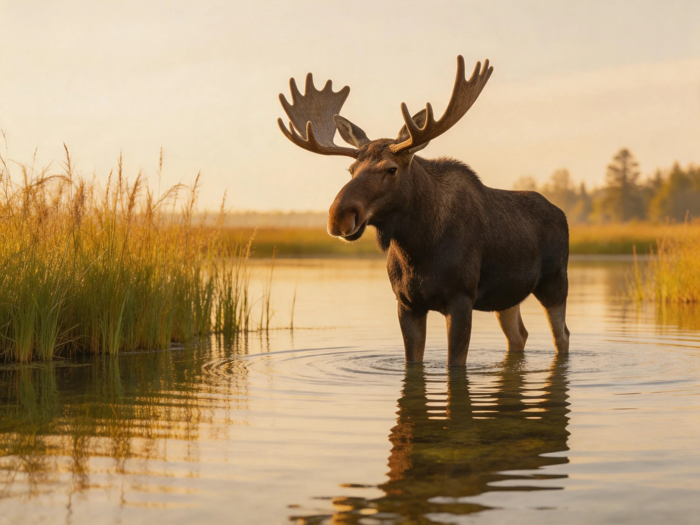 A majestic moose with large antlers stands in shallow water beside golden reeds