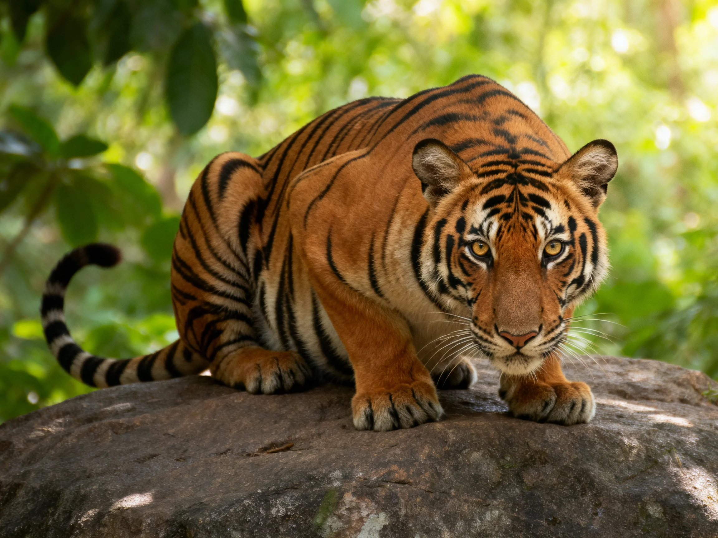An orange tiger crouches on a rock amid dense green foliage.