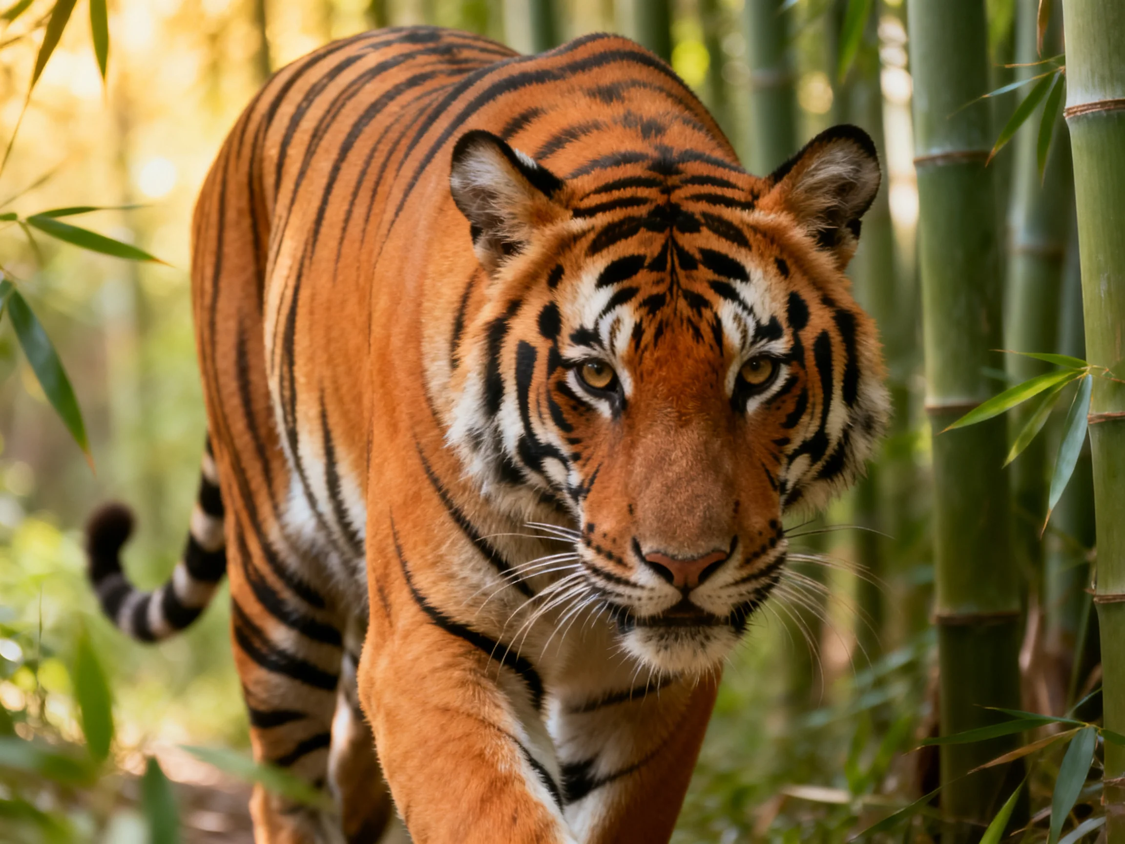 A majestic orange tiger moves through dense green bamboo