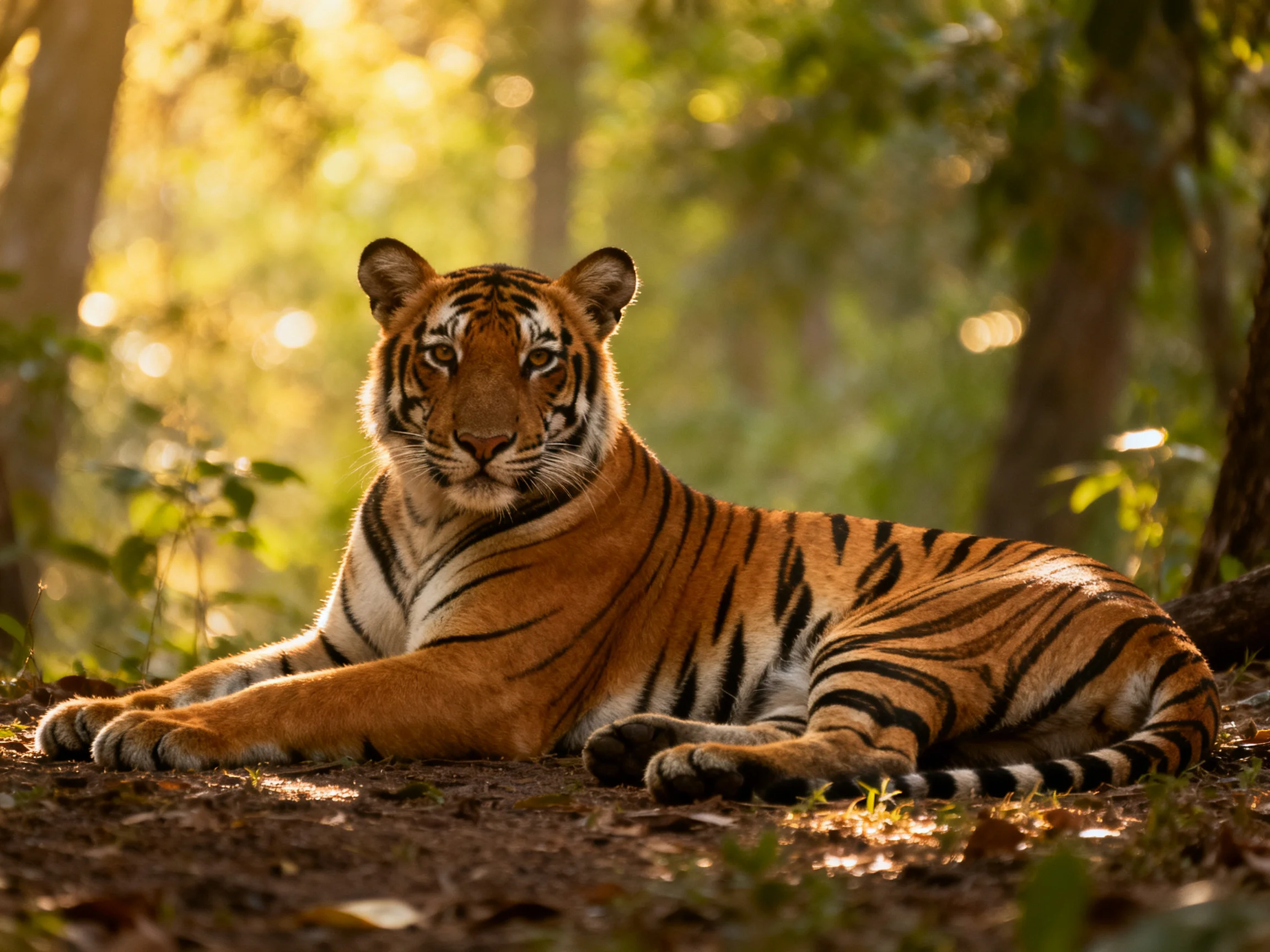 A tiger rests in a sunlit forest setting.