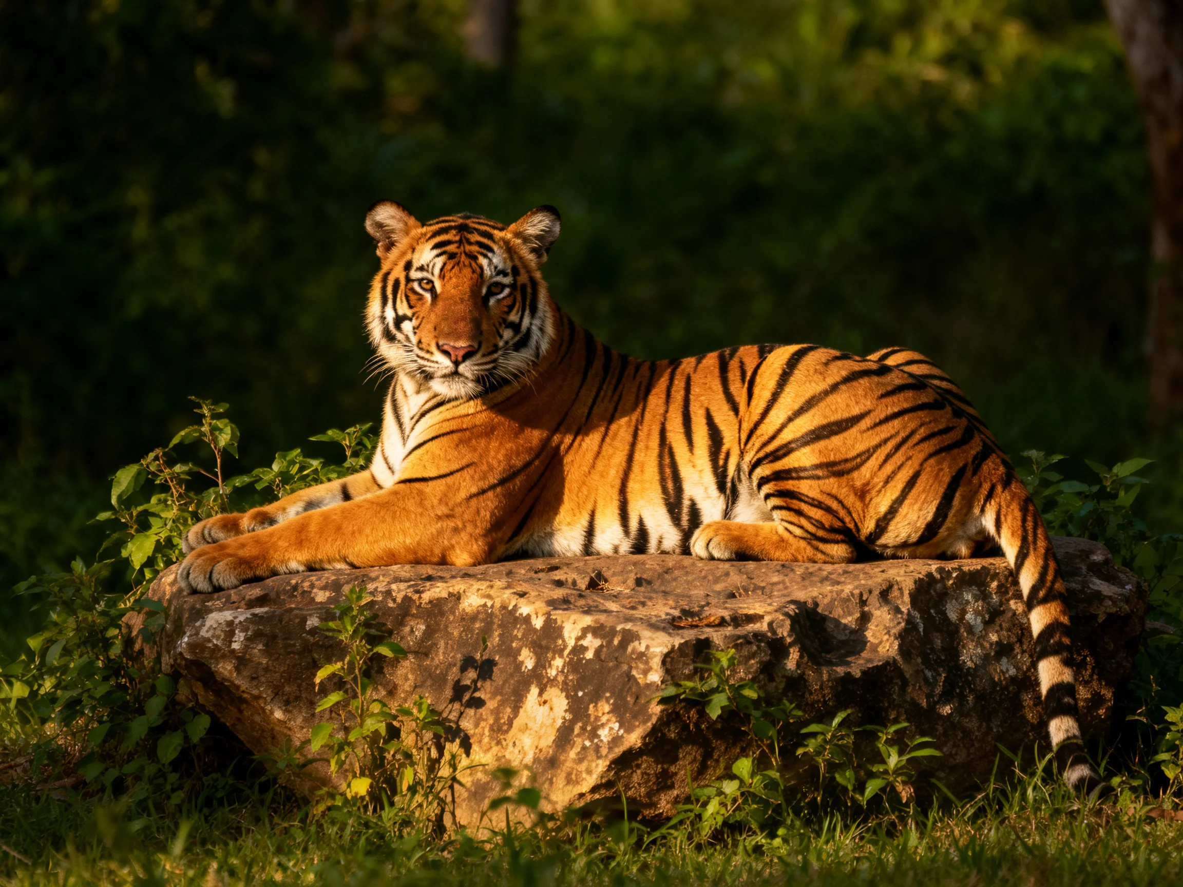 An orange tiger relaxes on a rock surrounded by greenery.