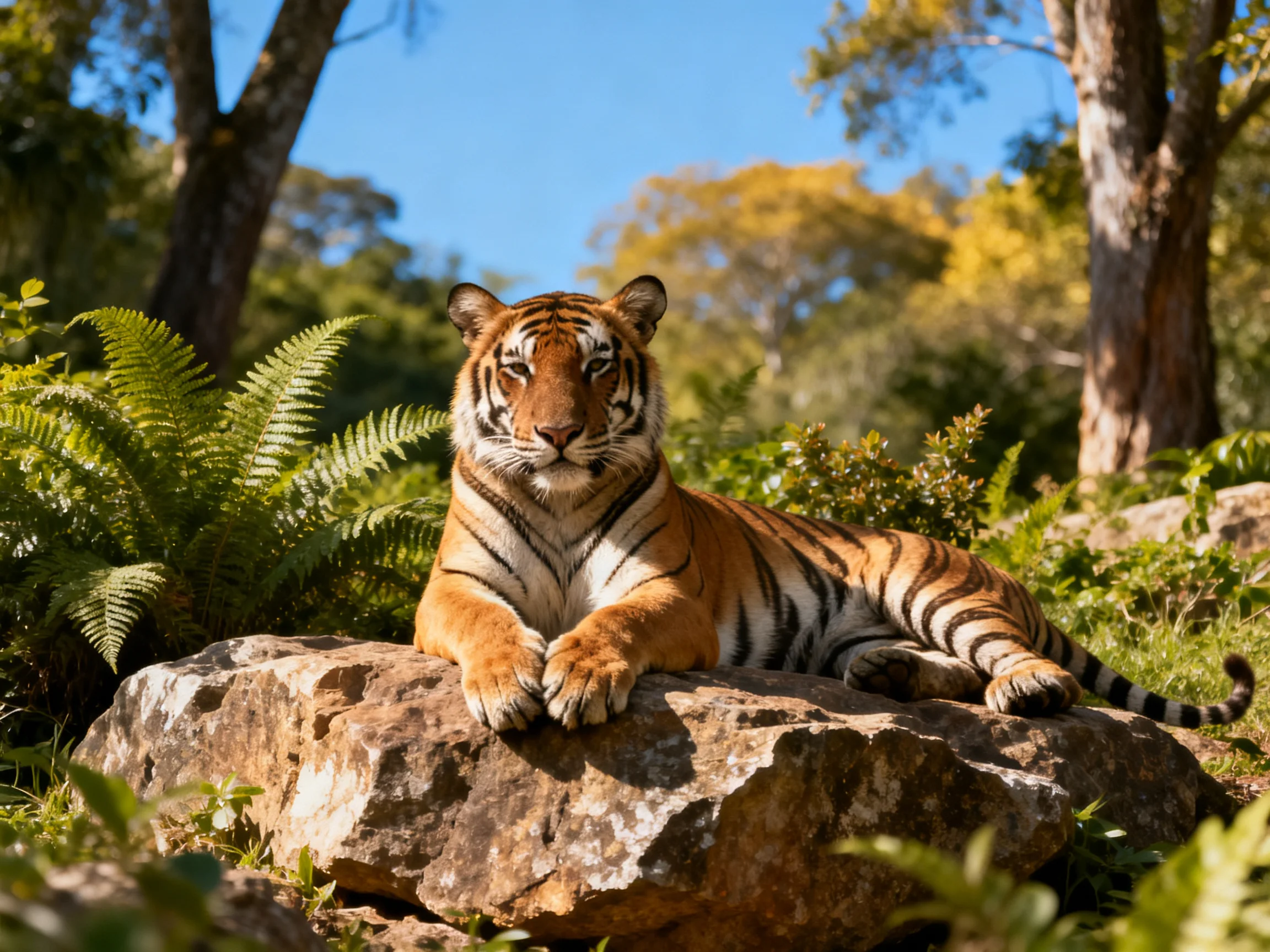 An orange tiger relaxes on a rock surrounded by greenery in a sunny forest.