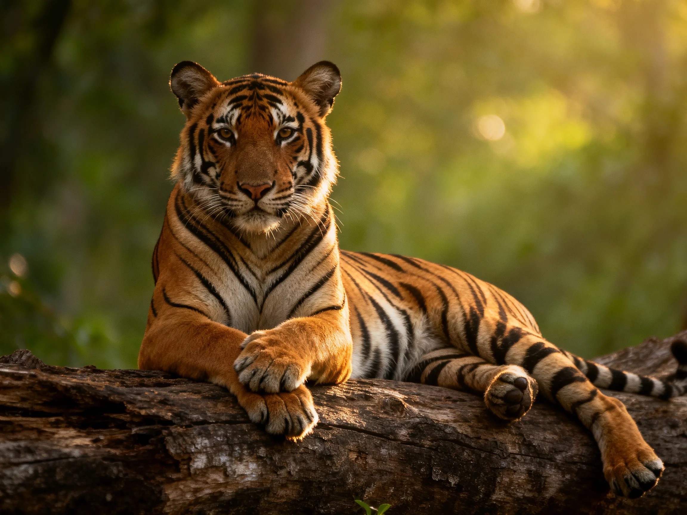 An orange tiger lies calmly on a log surrounded by lush greenery.