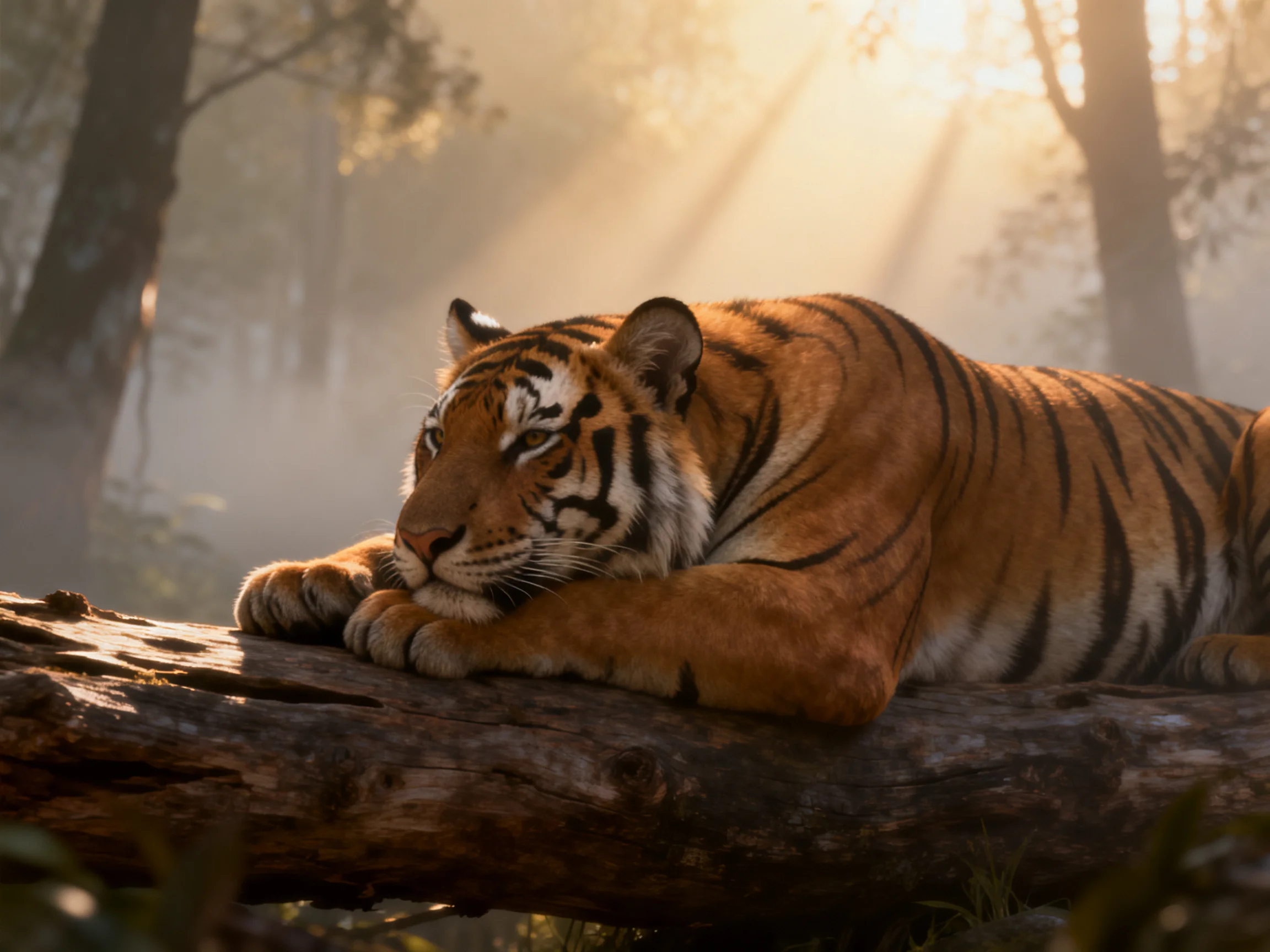 An orange tiger relaxes on a log in a sun-dappled, misty forest.