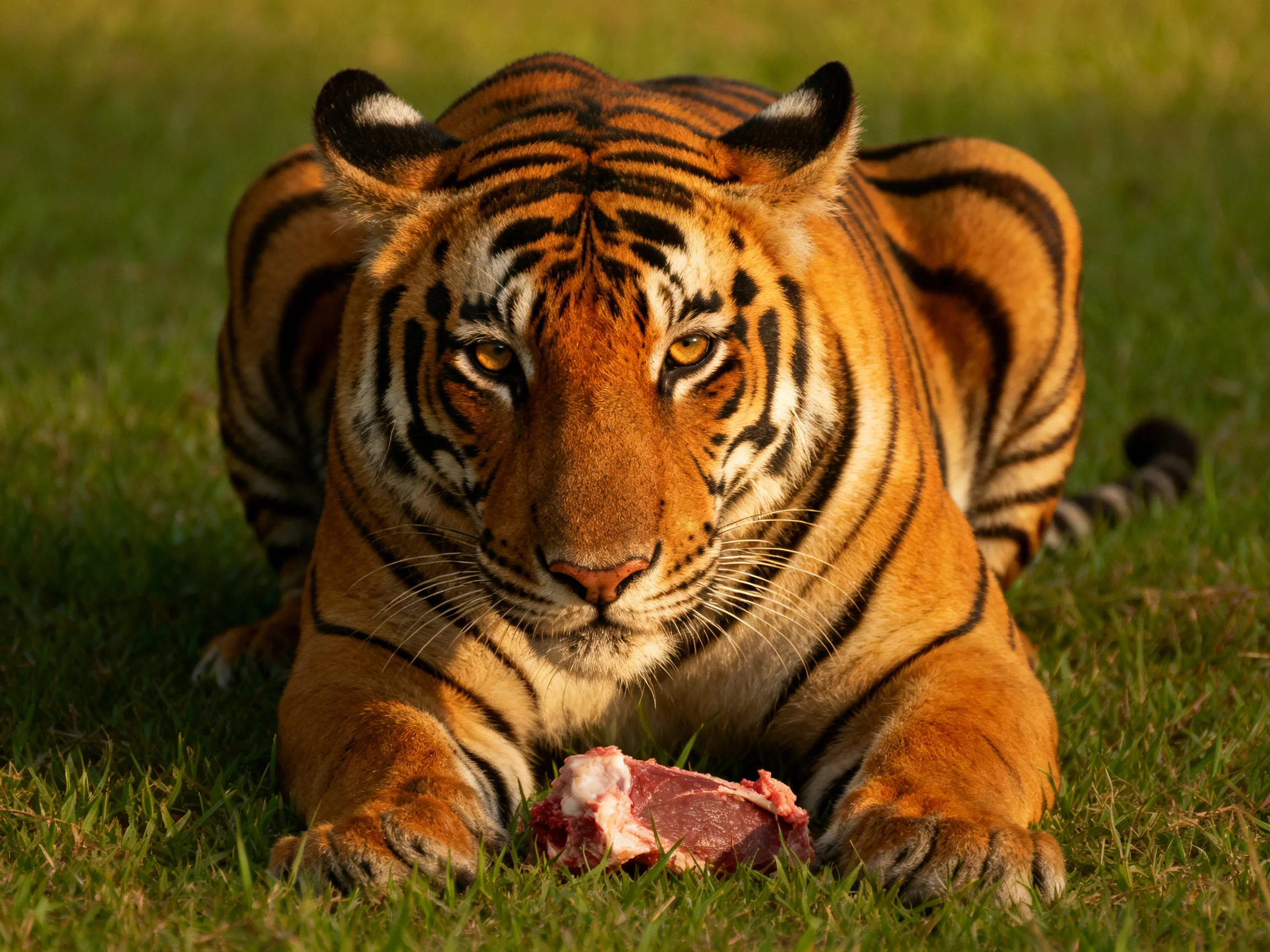 A majestic orange tiger rests on green grass beside raw meat