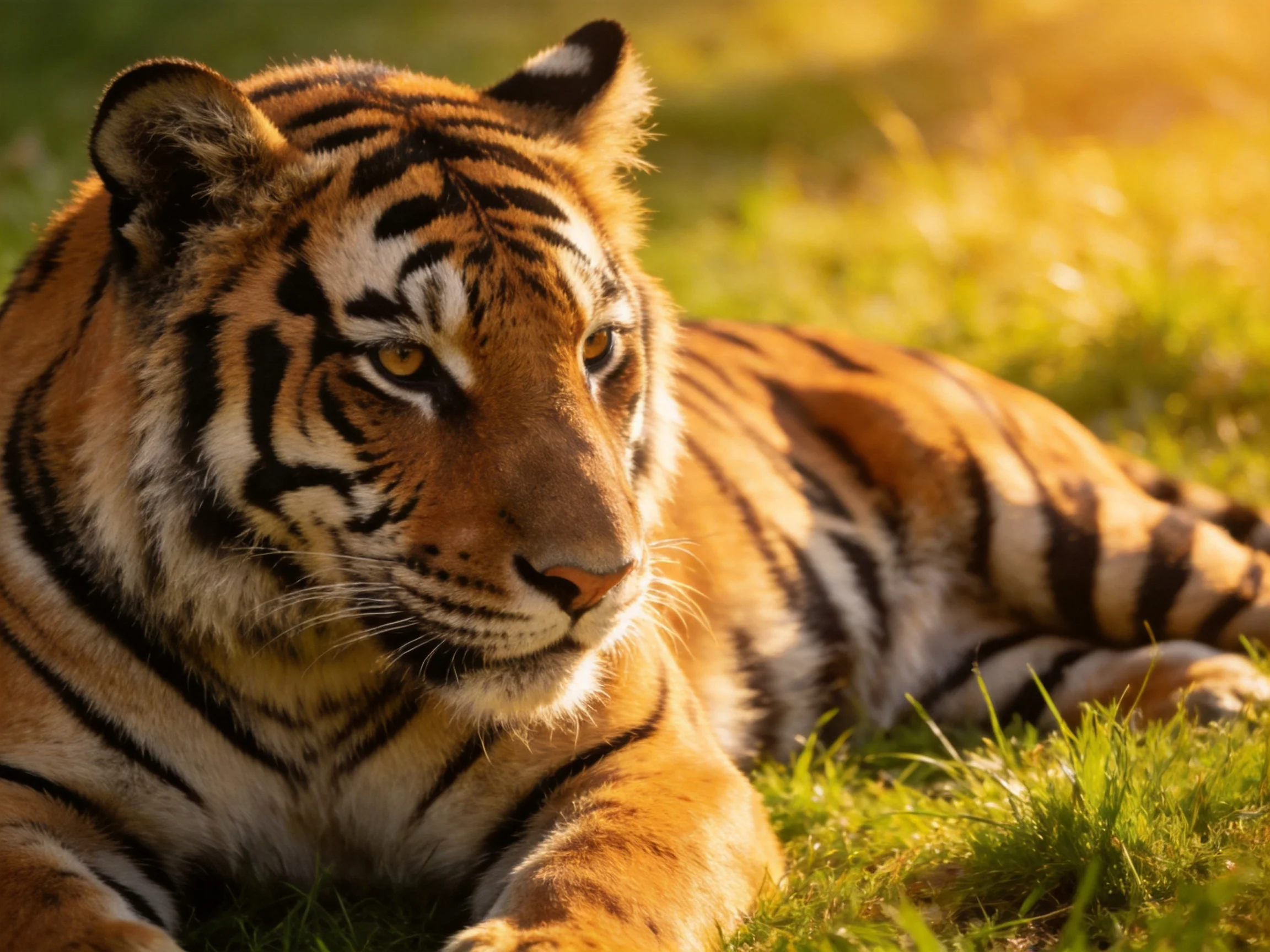 A majestic orange tiger rests on lush green grass in golden sunlight