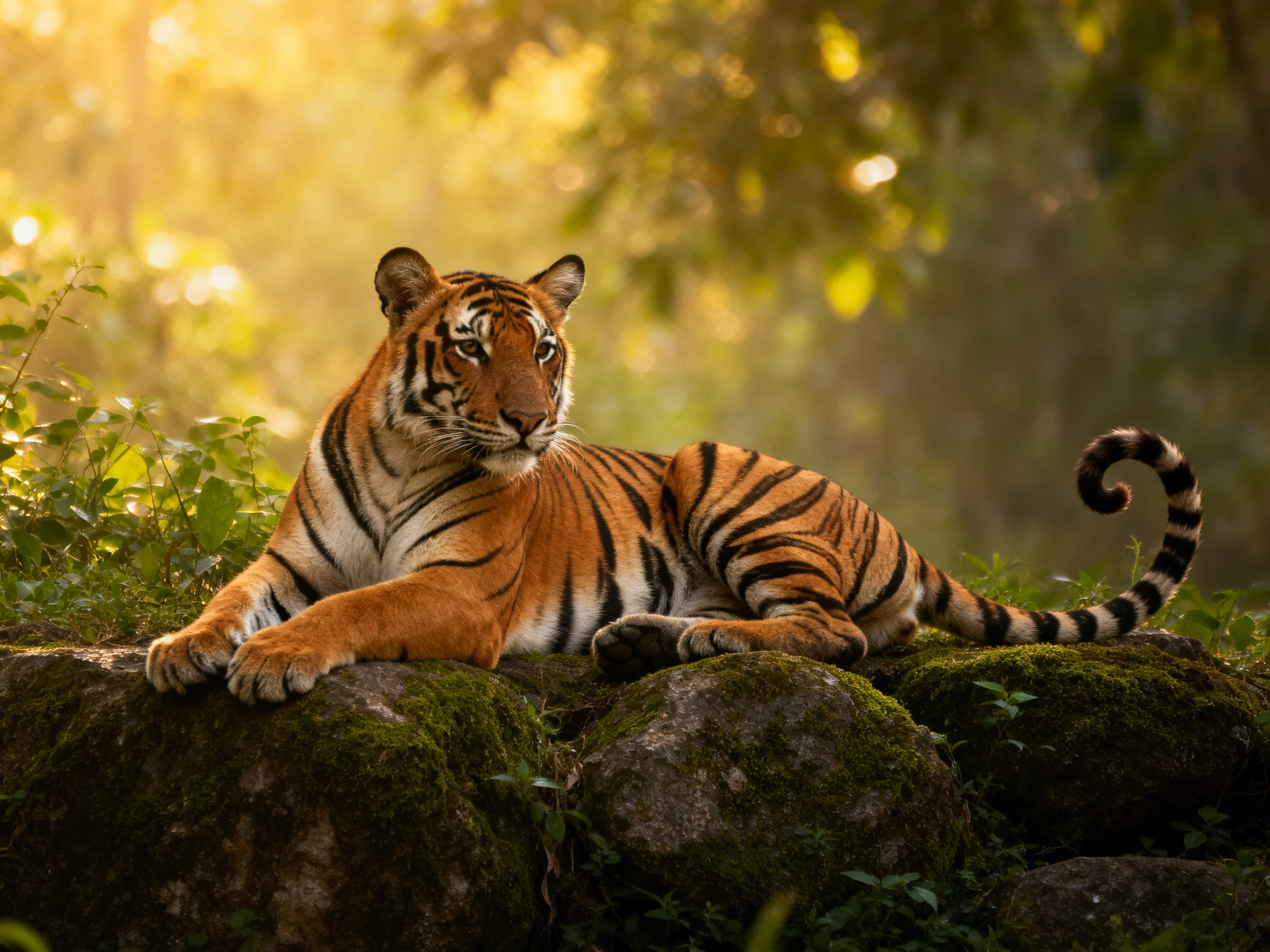 An orange tiger relaxes on moss-covered rocks in a sunlit forest.