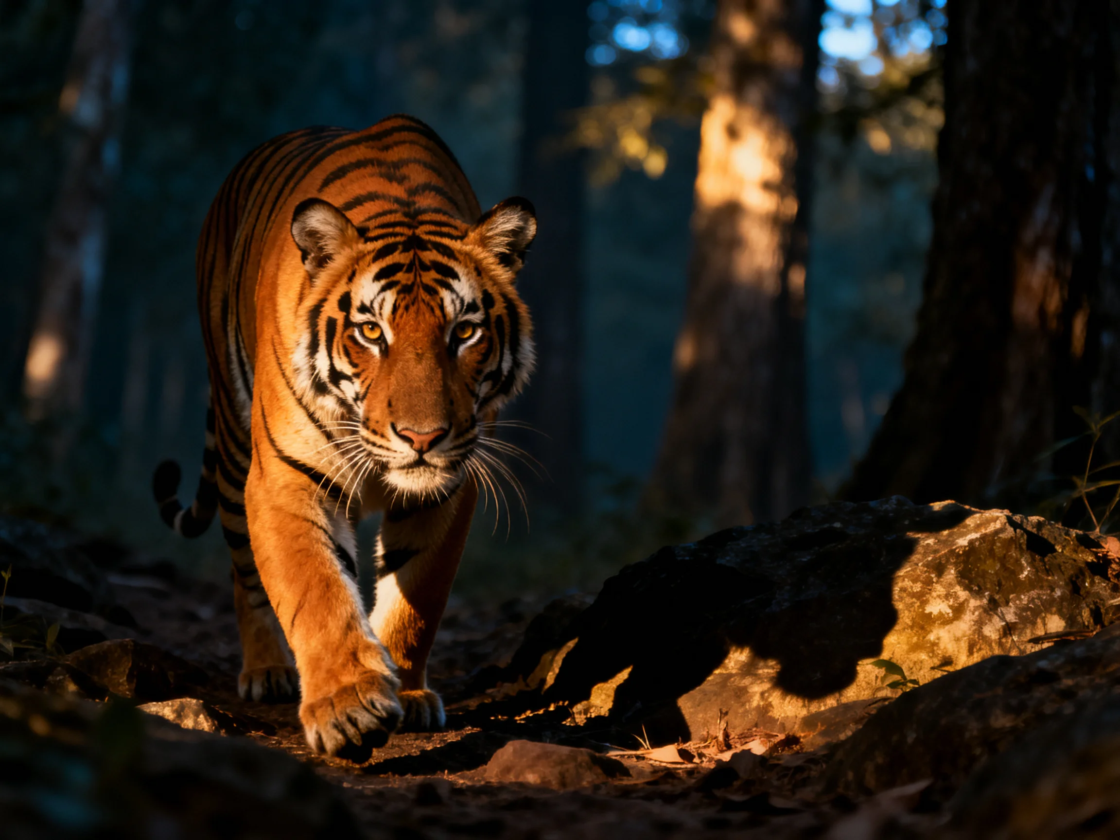 A tiger moves through a sunlit forest path.