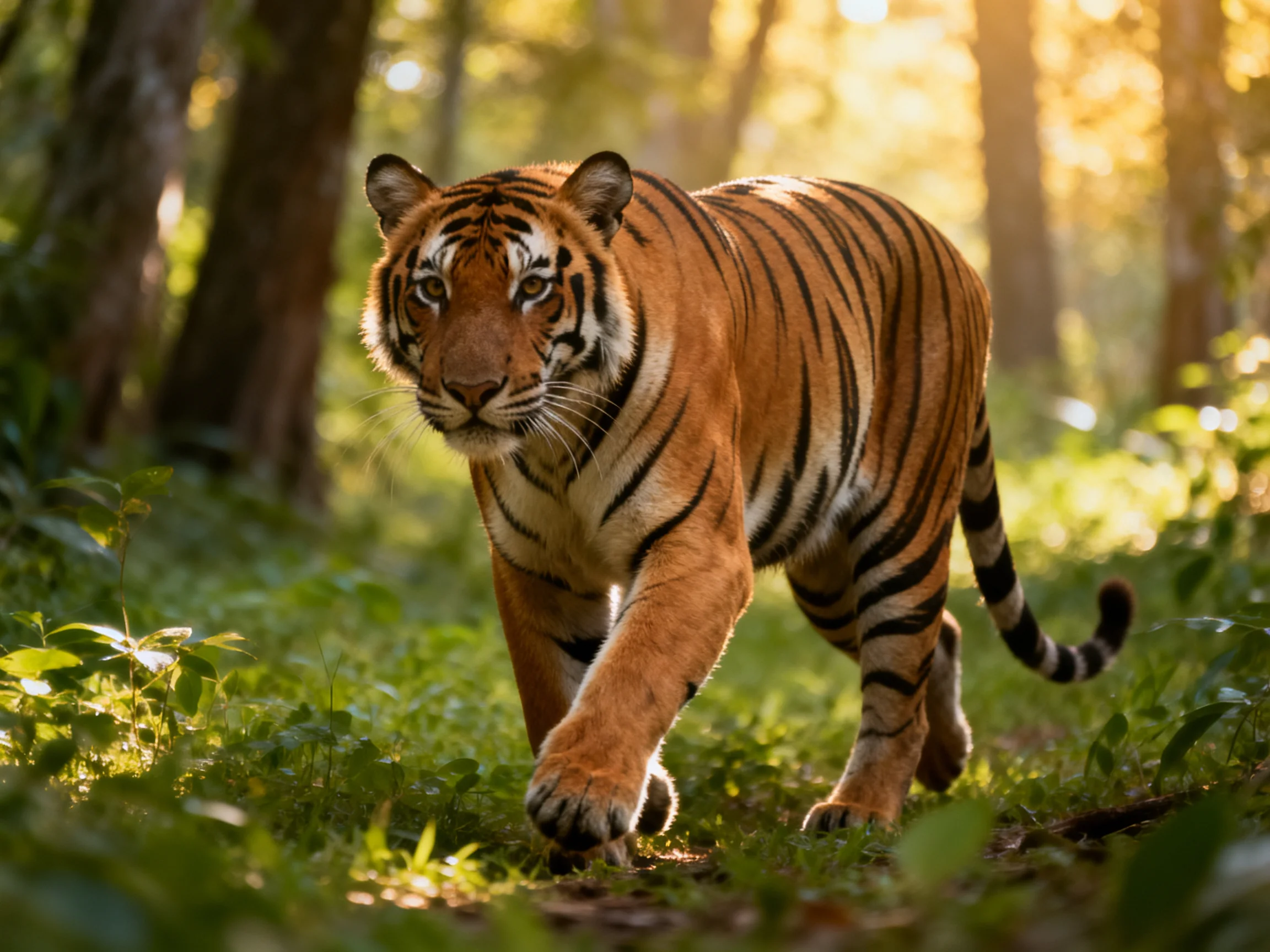 A tiger roams a sunlit forest with dense greenery.