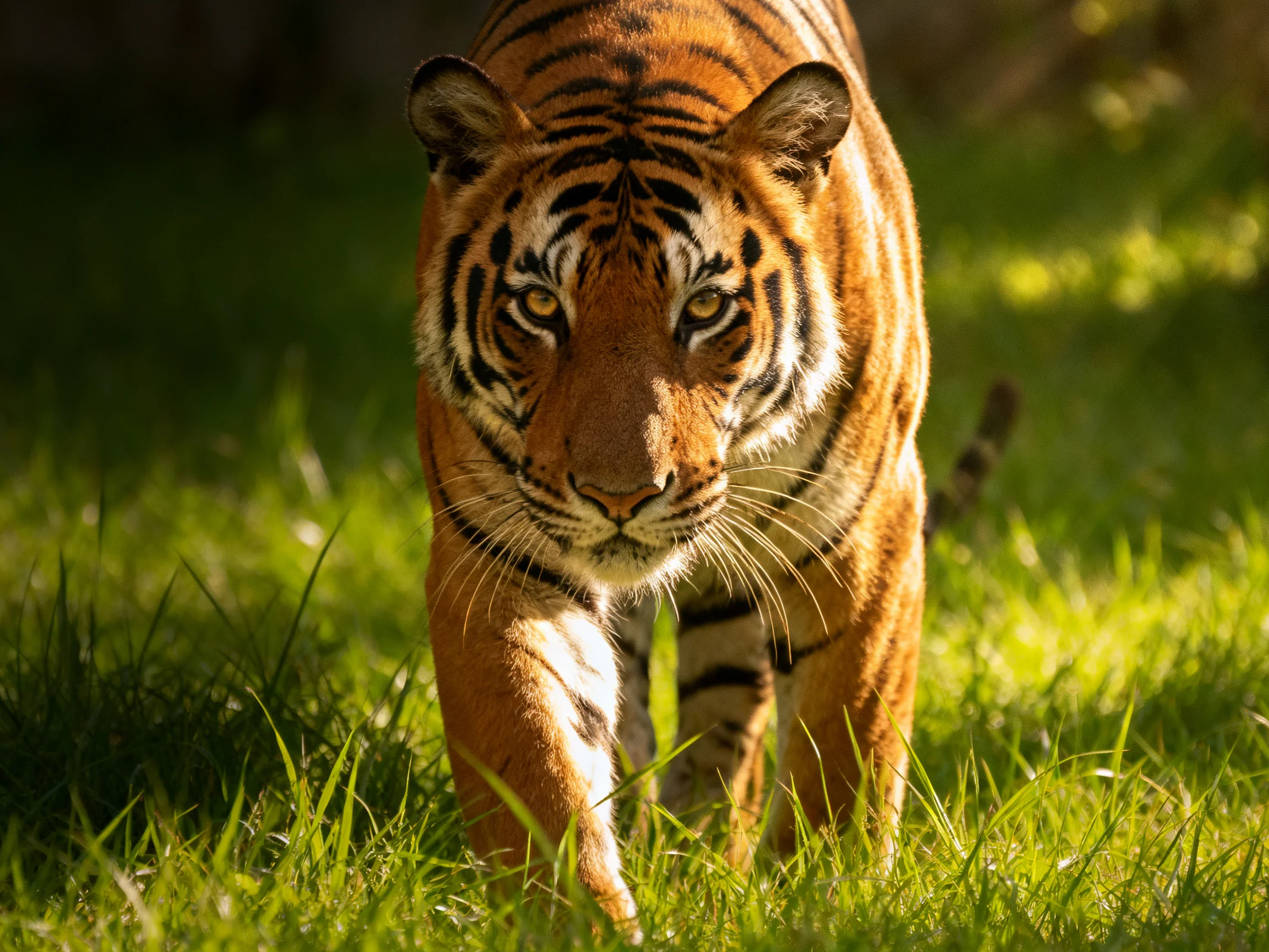 An orange tiger moves through tall green grass in bright daylight.