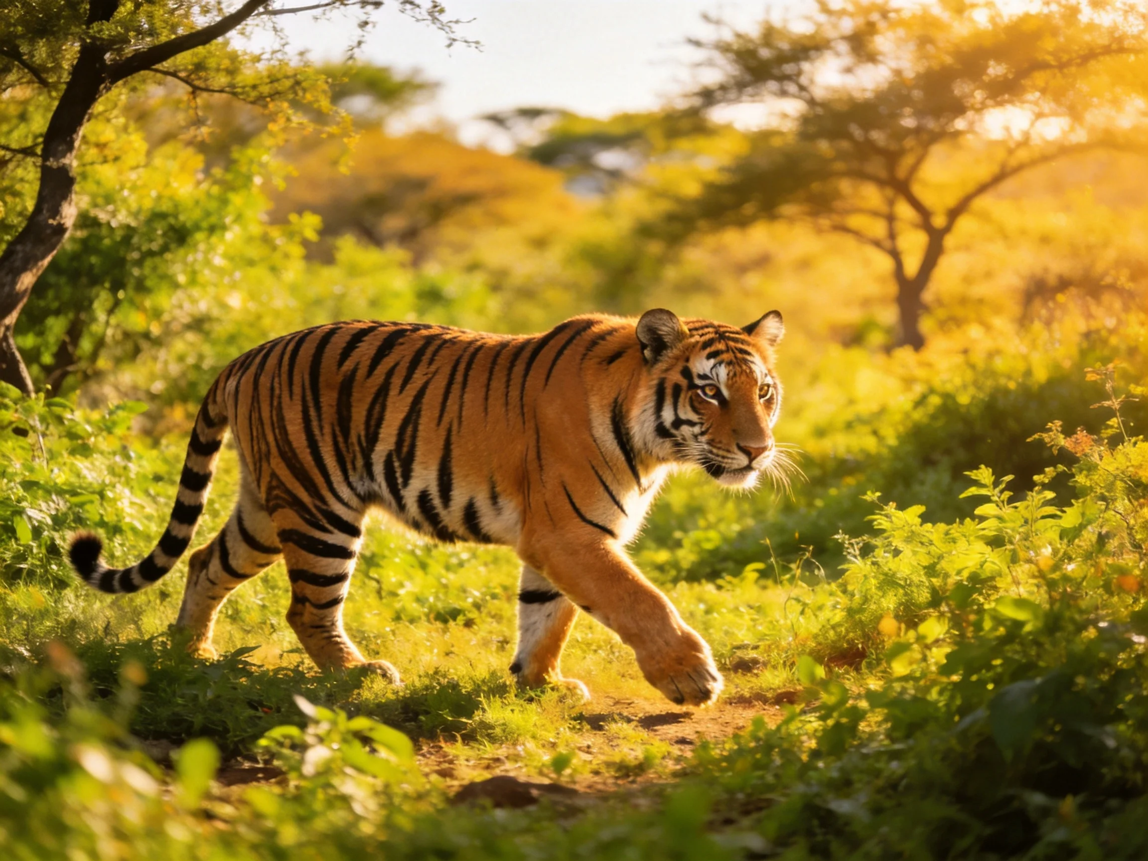 An orange tiger roams through dense greenery in a sunlit landscape.