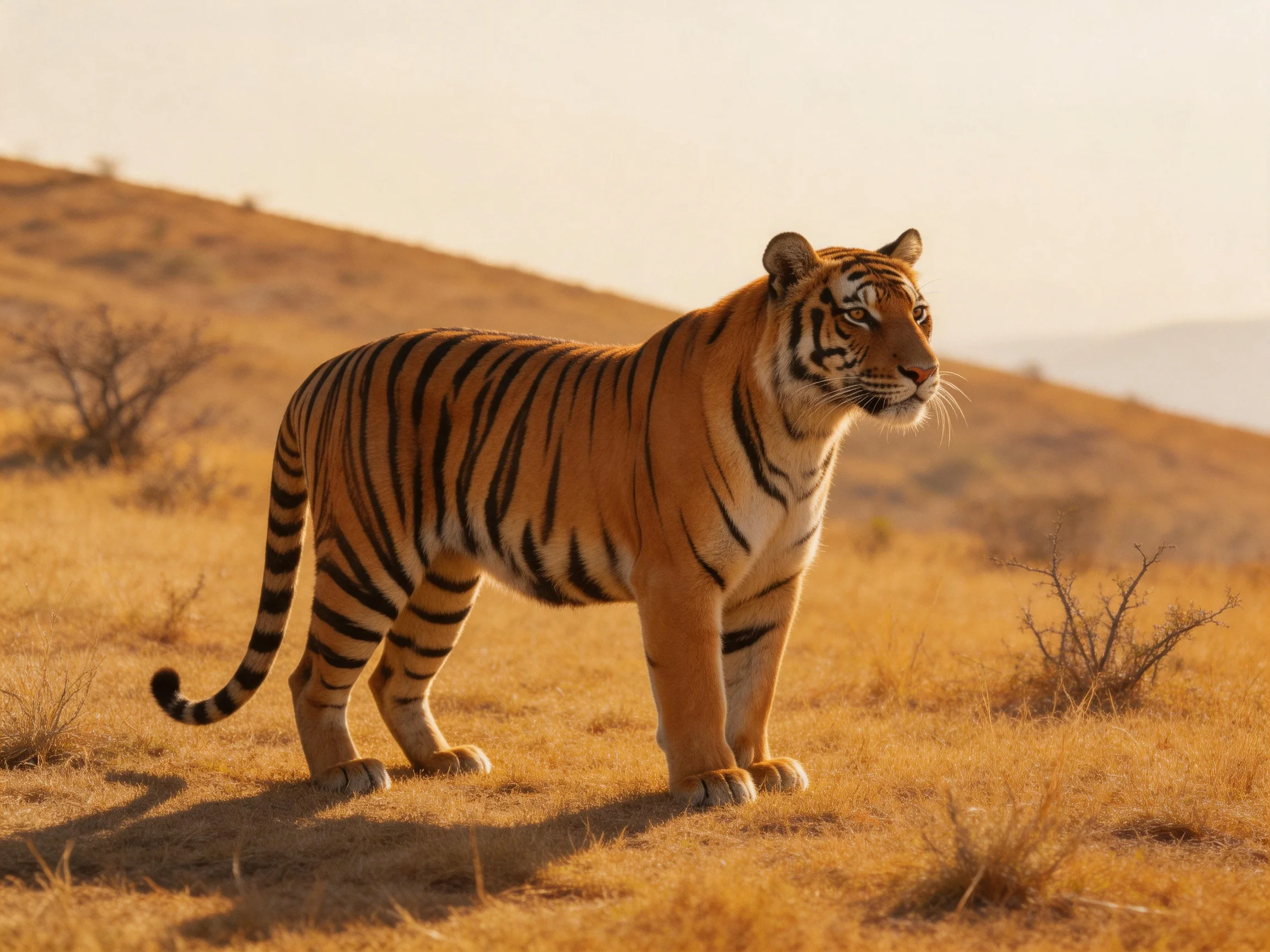 A majestic orange tiger stands in golden savannah terrain