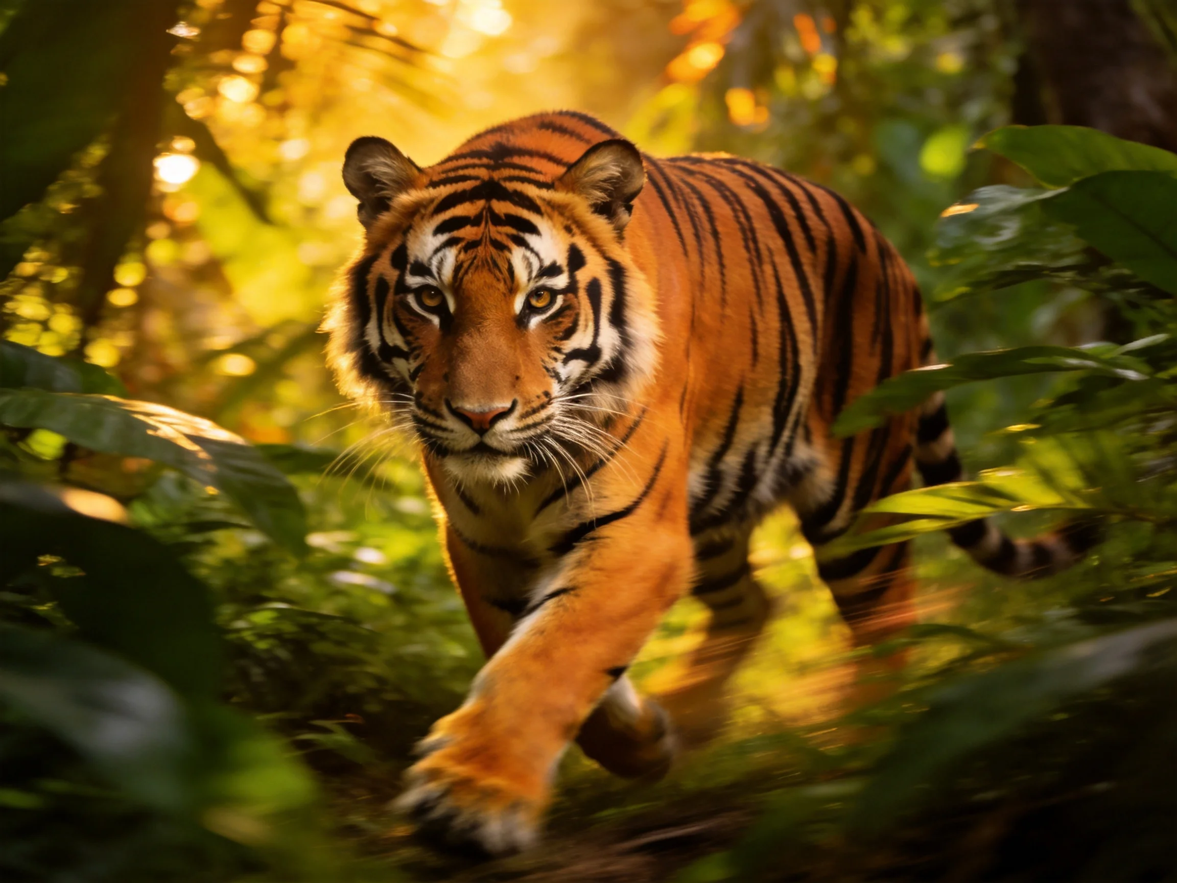 A majestic orange tiger strides through lush green jungle with golden sunlight