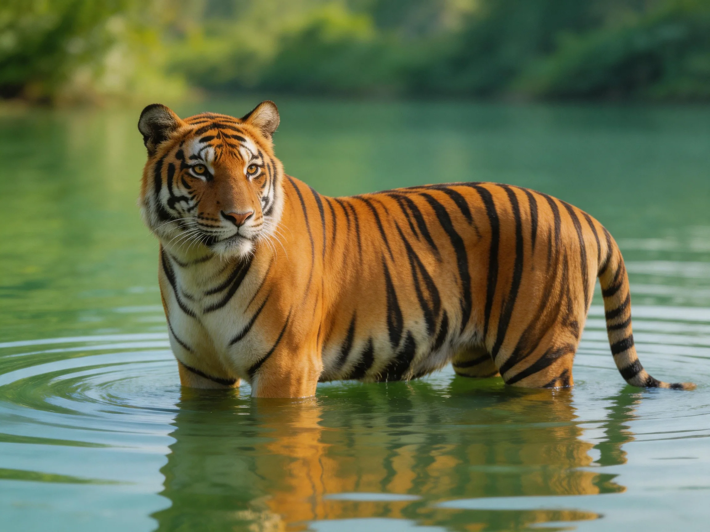 A majestic orange tiger wades in calm greenish-blue water