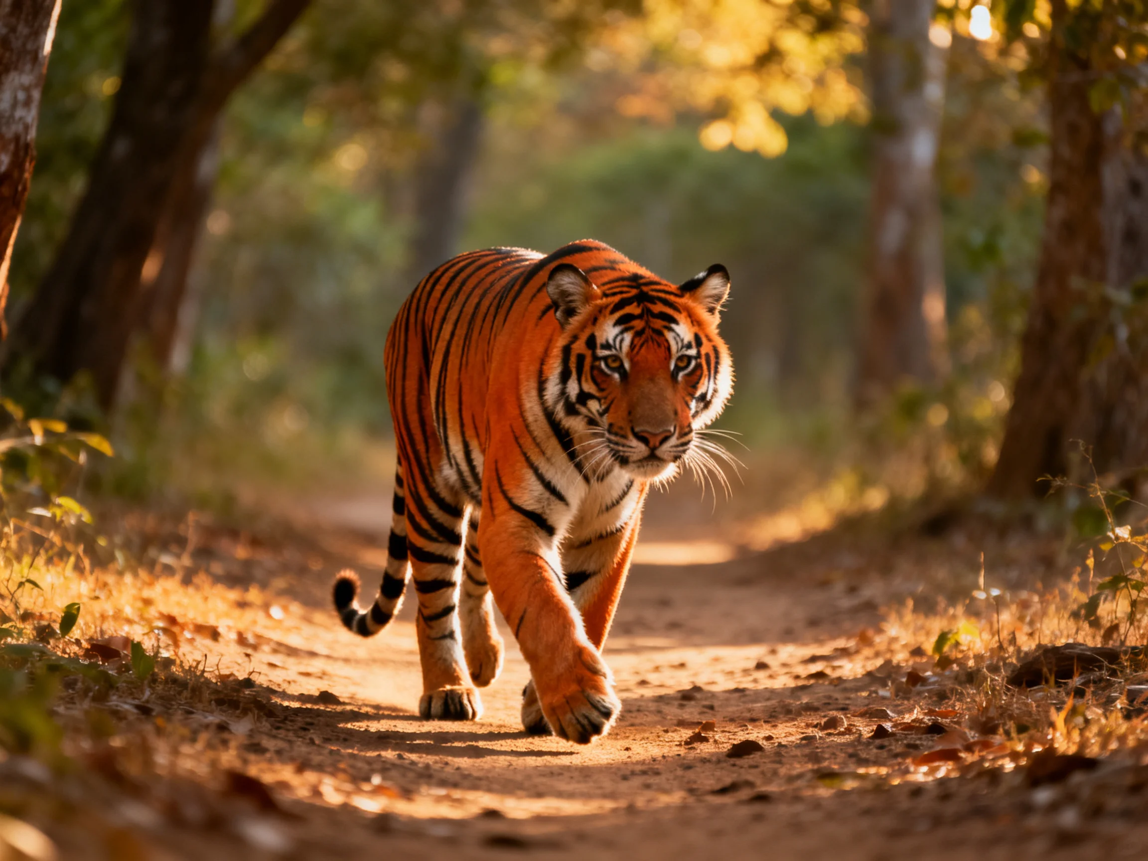 An orange tiger strides forward along a sunlit forest trail.