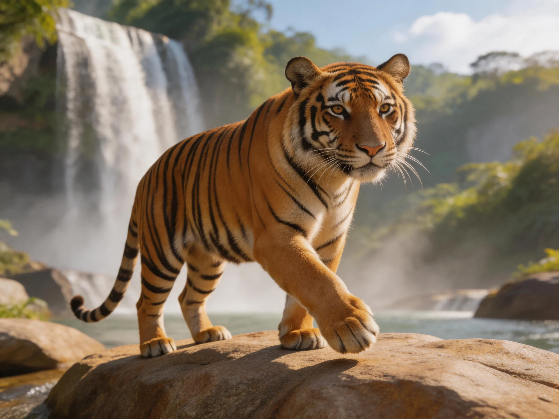 An orange tiger moves near a waterfall in a lush natural setting.