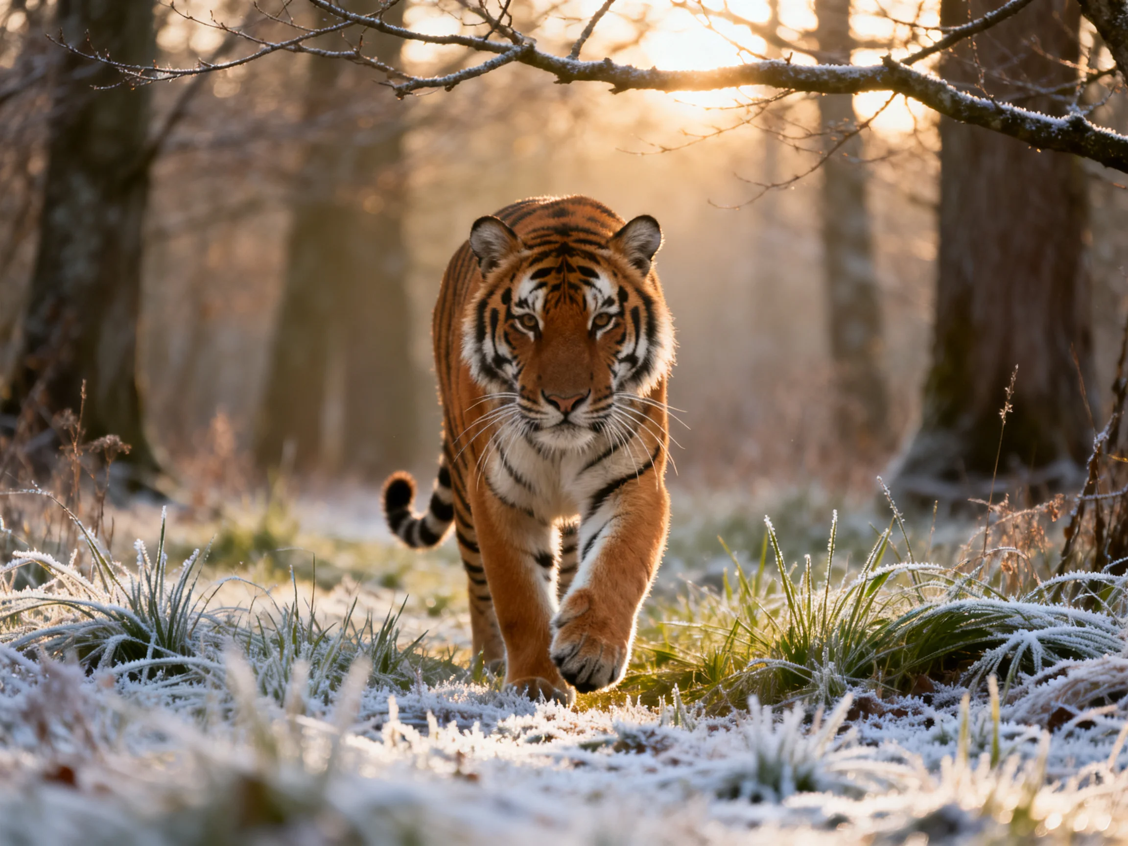 An orange tiger moves through a frosty forest lit by golden sunlight.
