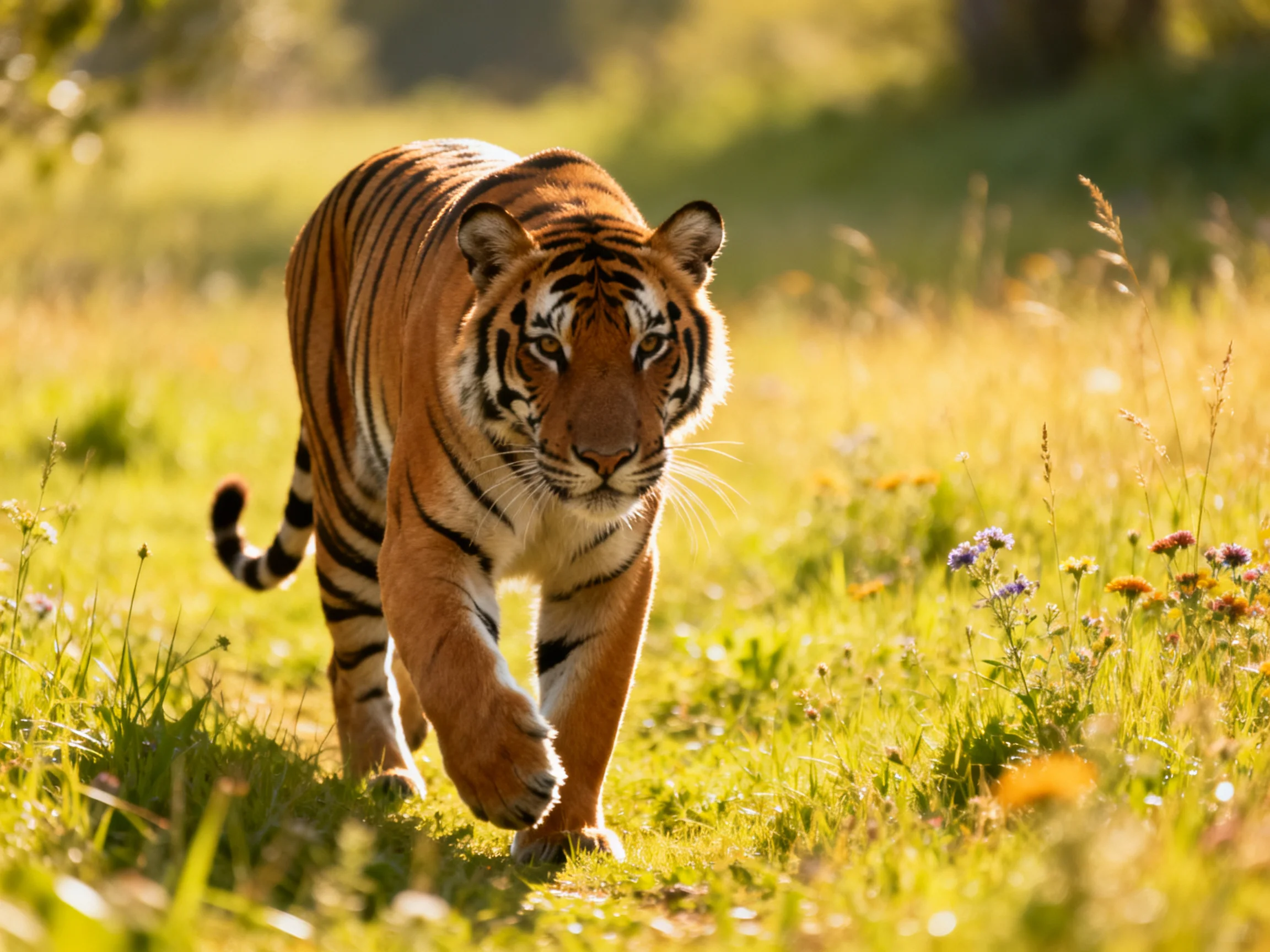 An orange tiger moves purposefully through a sunlit meadow.