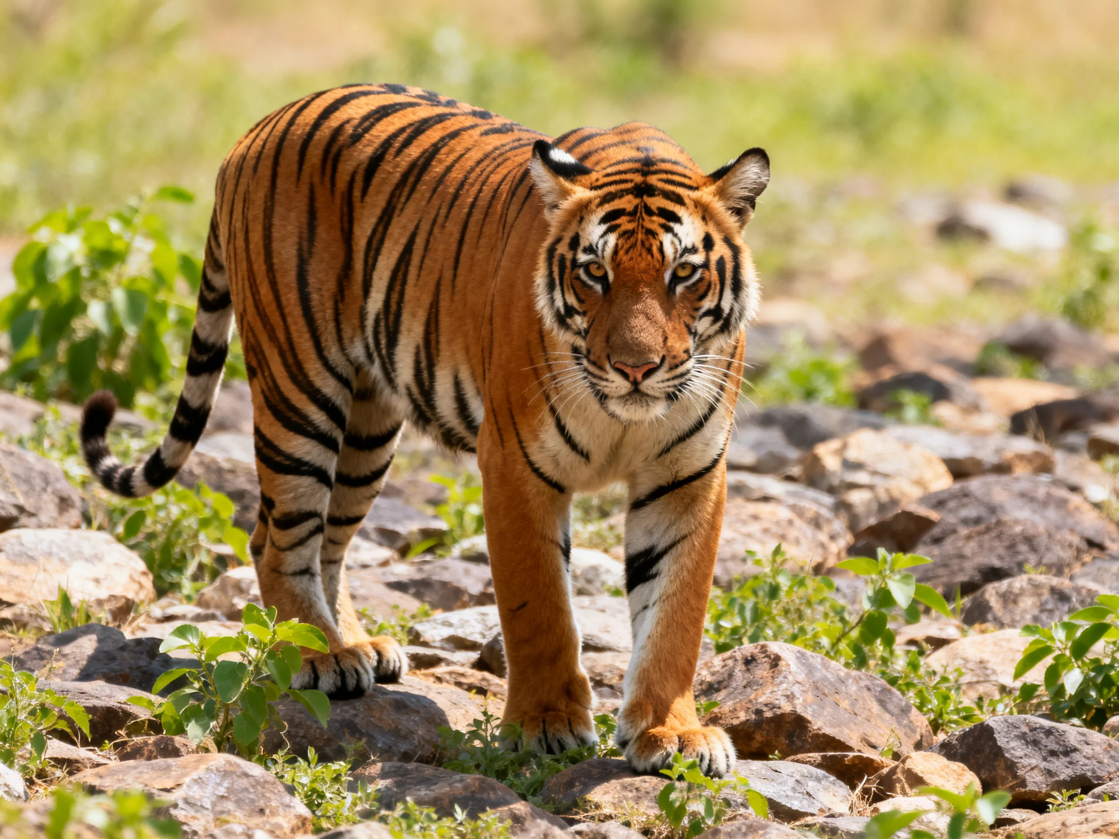 A tiger with distinct black stripes moves across rocks amid greenery.