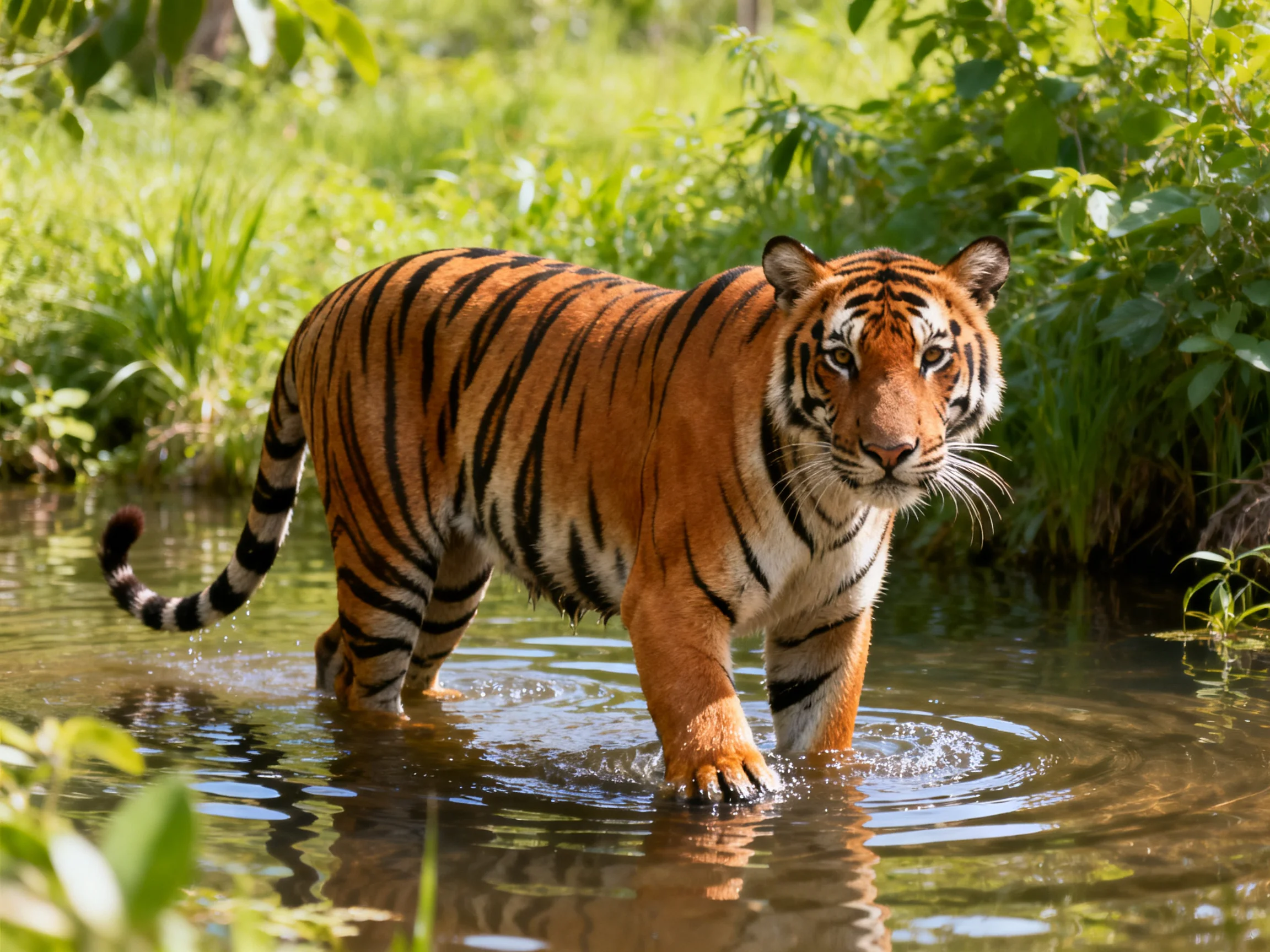 An orange tiger with black stripes moves through shallow water near green vegetation.