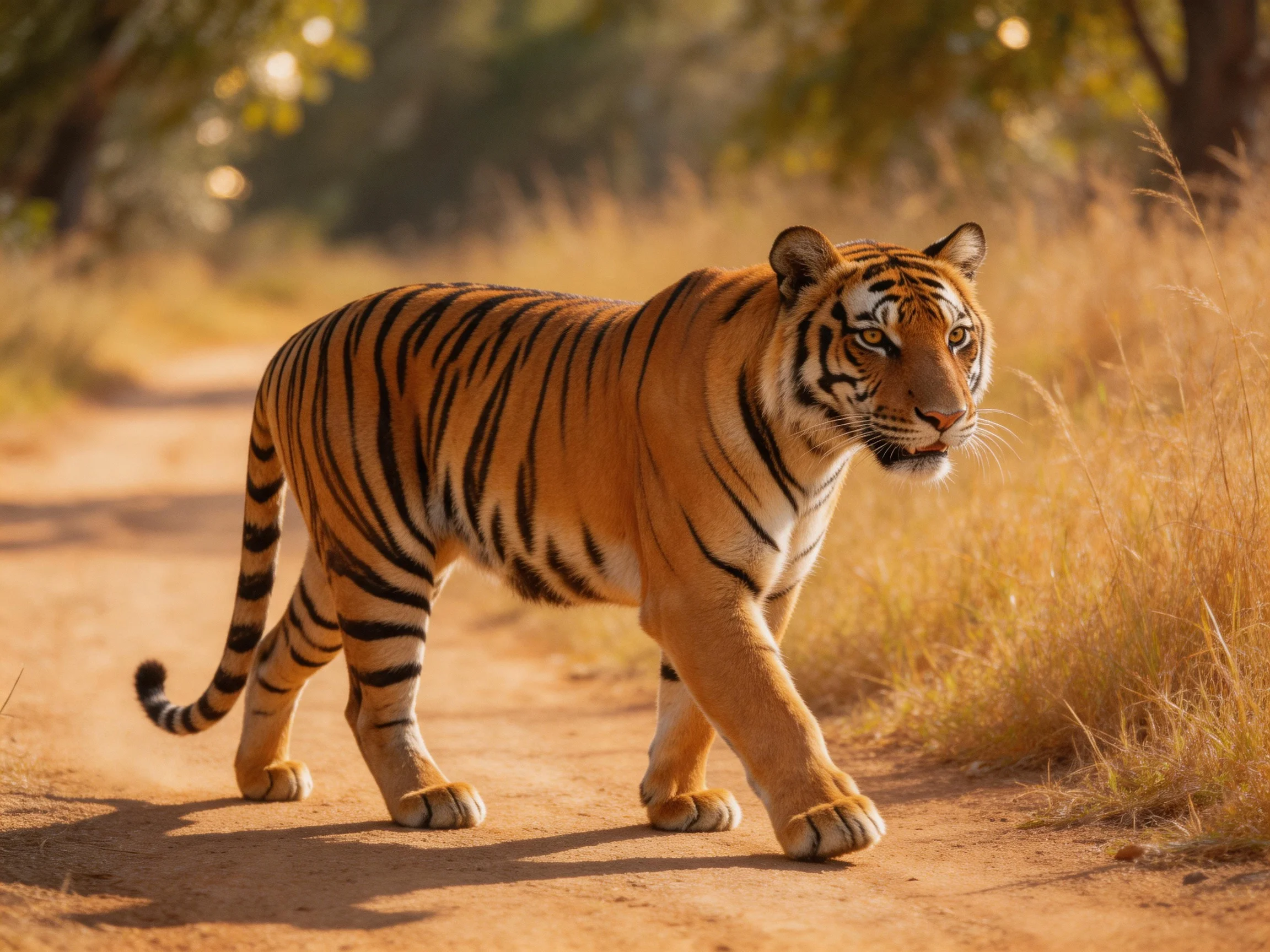 A majestic orange tiger with black stripes walks along a dusty path