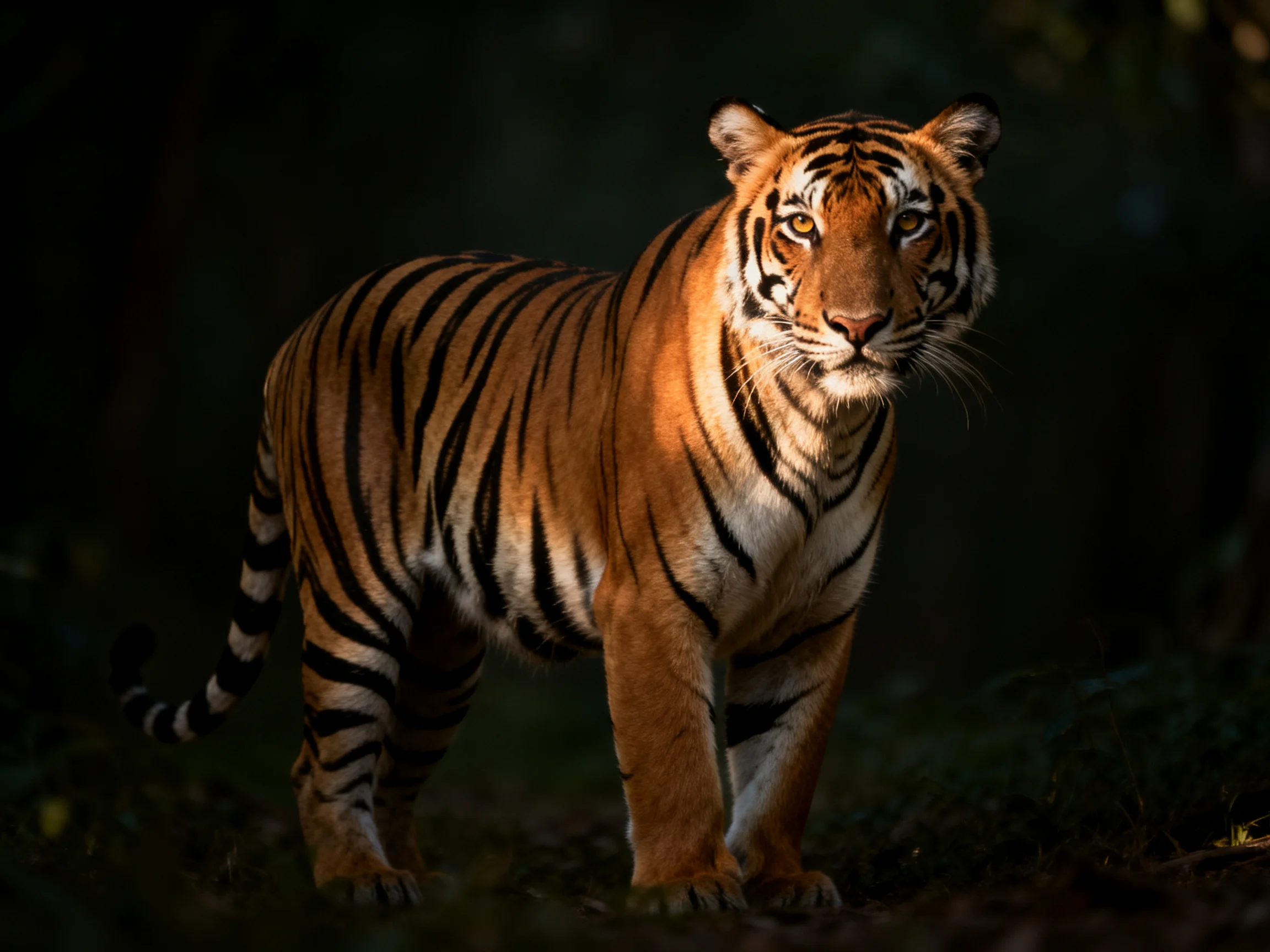 A majestic orange tiger with bold black stripes in a dark forest