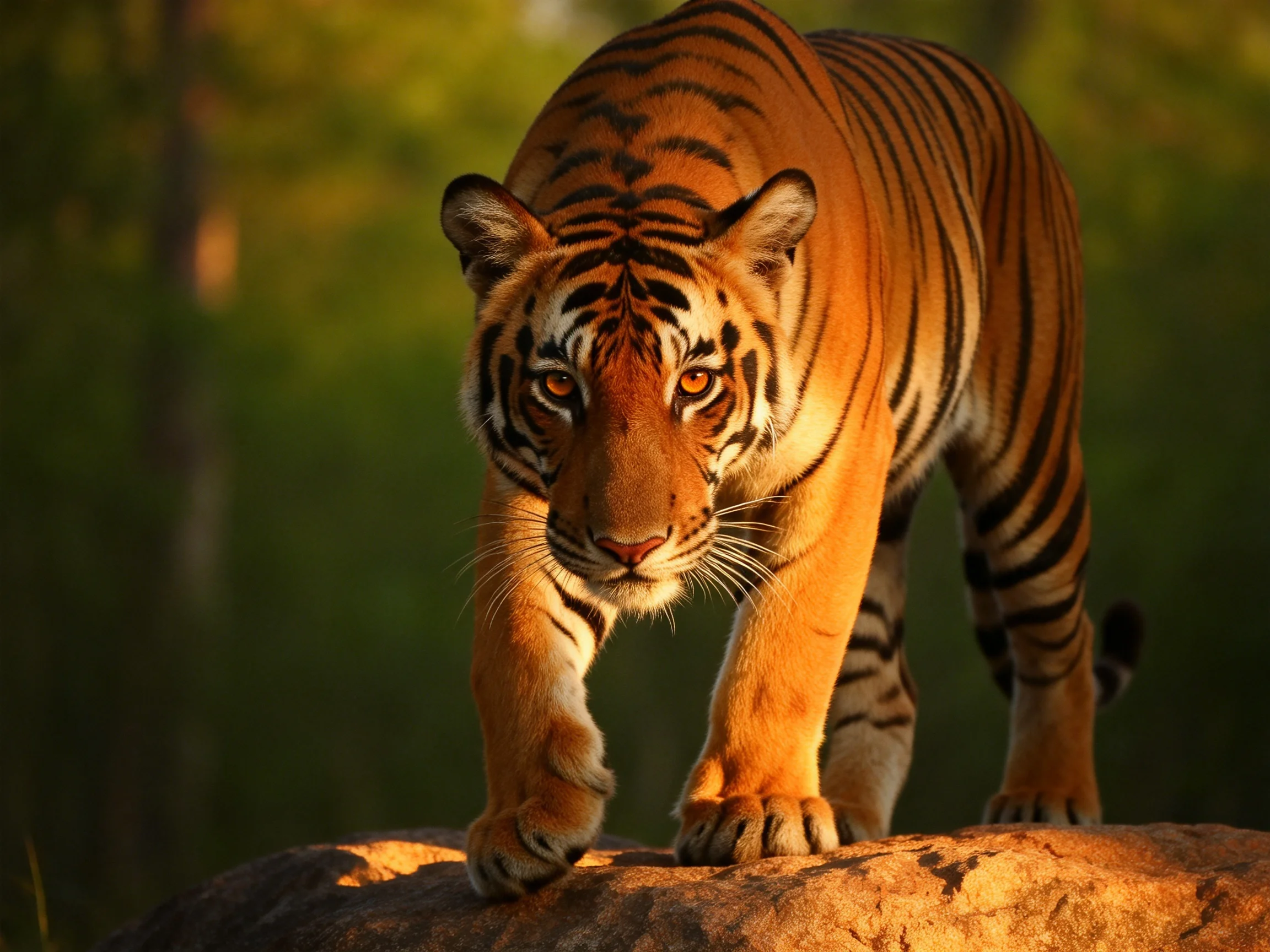 A majestic orange tiger with bold black stripes in a forest clearing