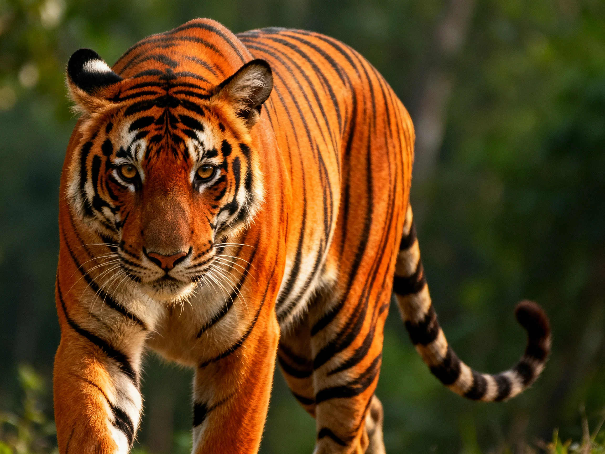 A majestic orange tiger with bold black stripes in a lush forest