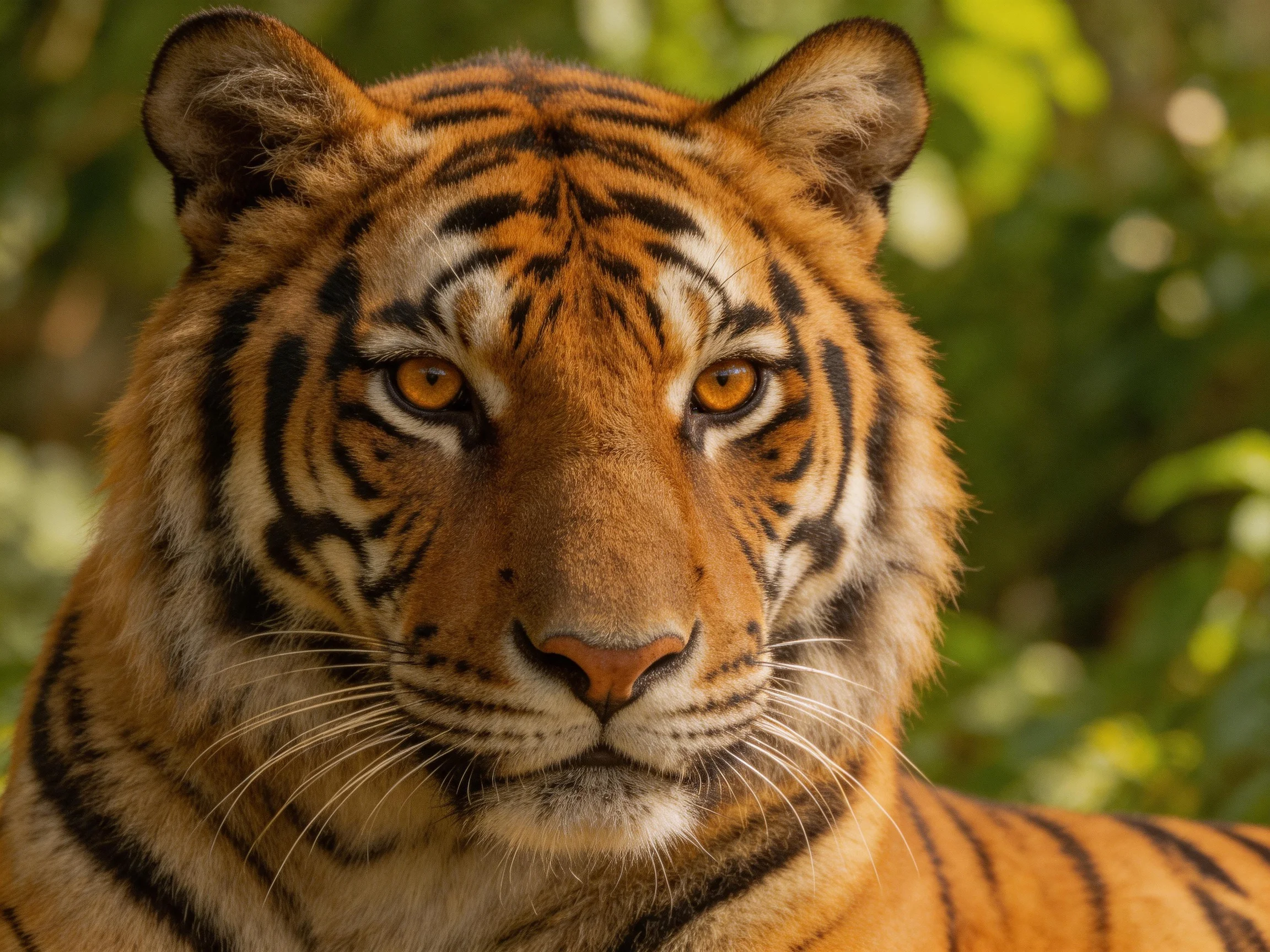 A majestic orange tiger with bold black stripes in a lush green backdrop