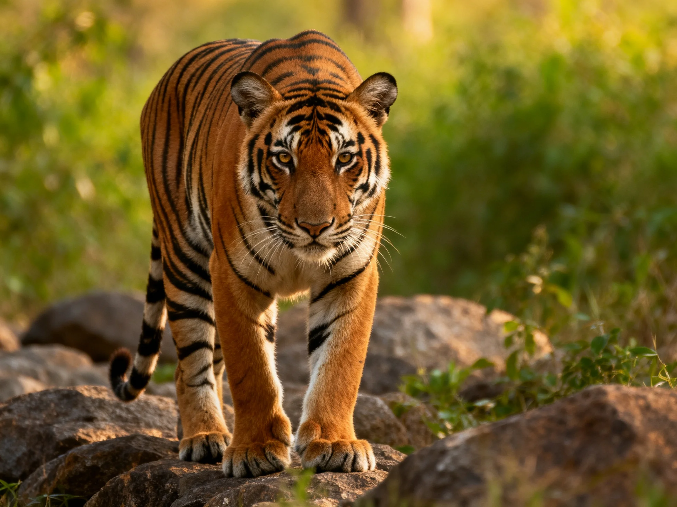A majestic orange tiger with bold black stripes in a lush green forest