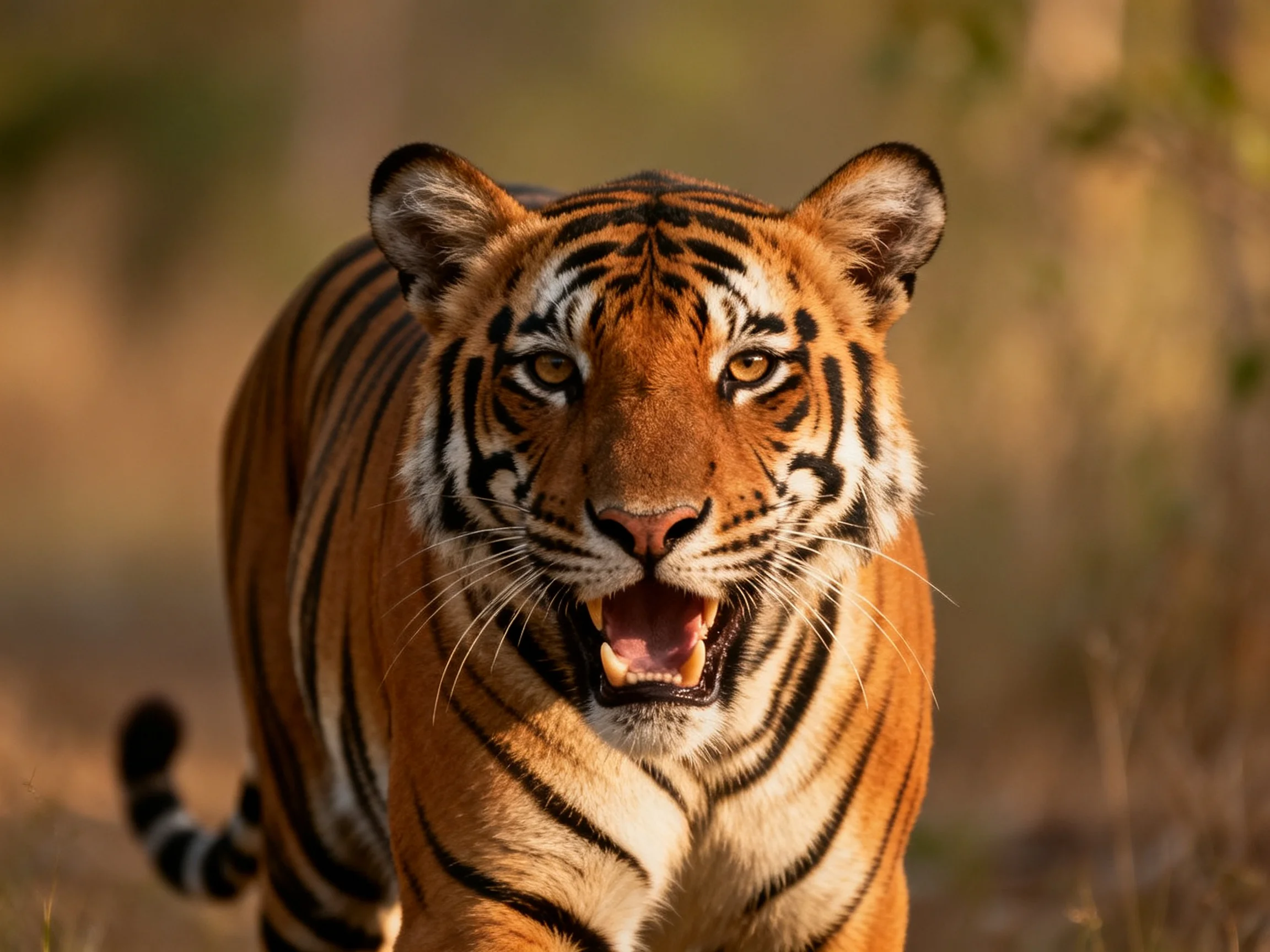 A majestic orange tiger with bold black stripes in a natural landscape