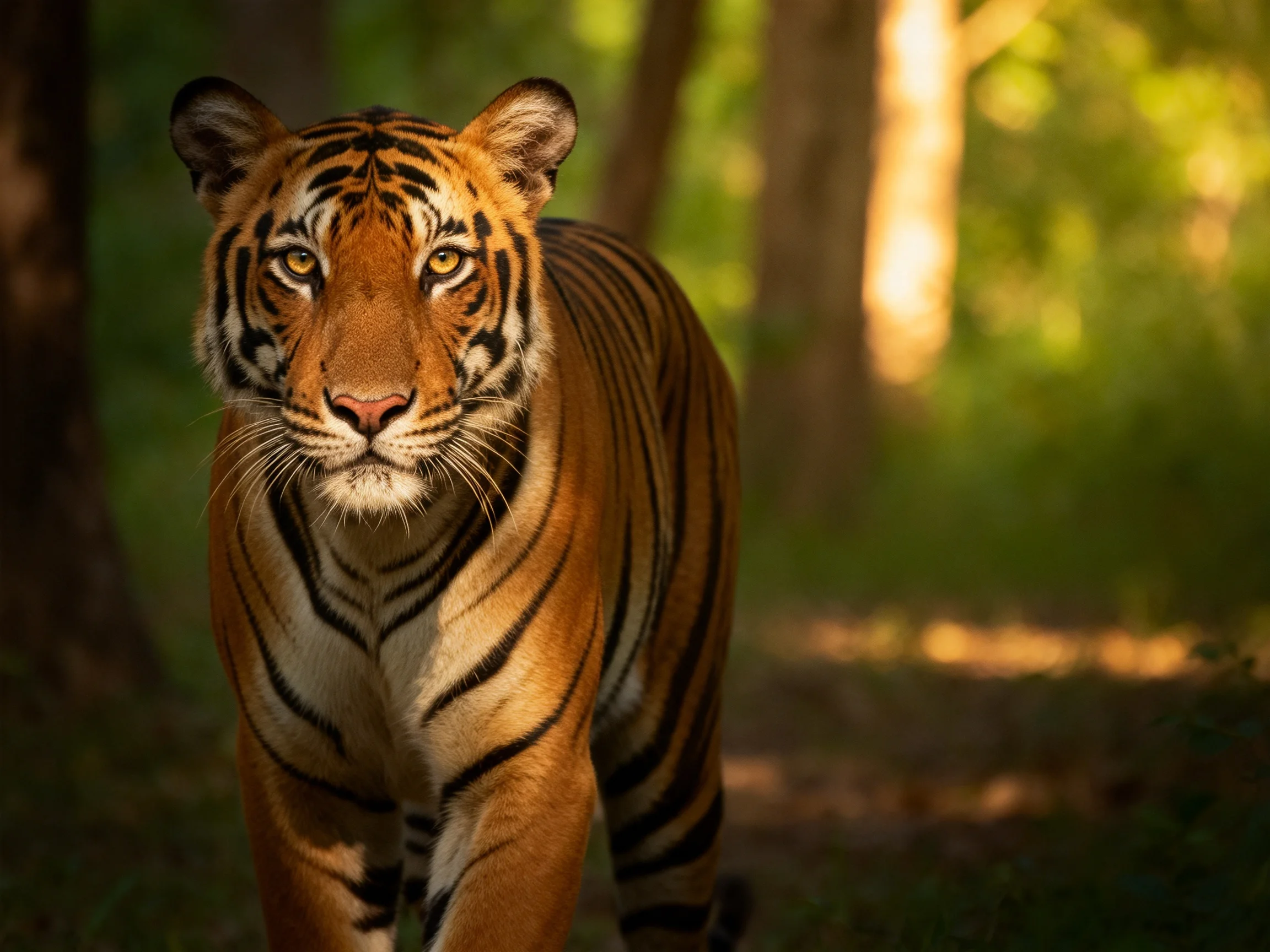 A majestic orange tiger with bold black stripes in a sunlit forest