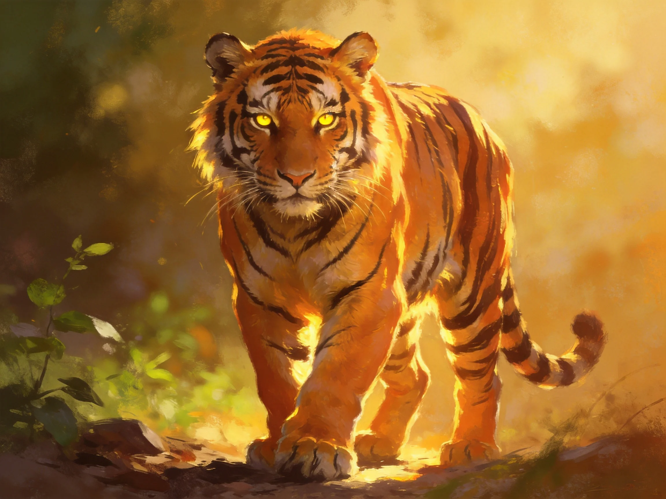 A majestic orange tiger with bold black stripes in a sunlit forest