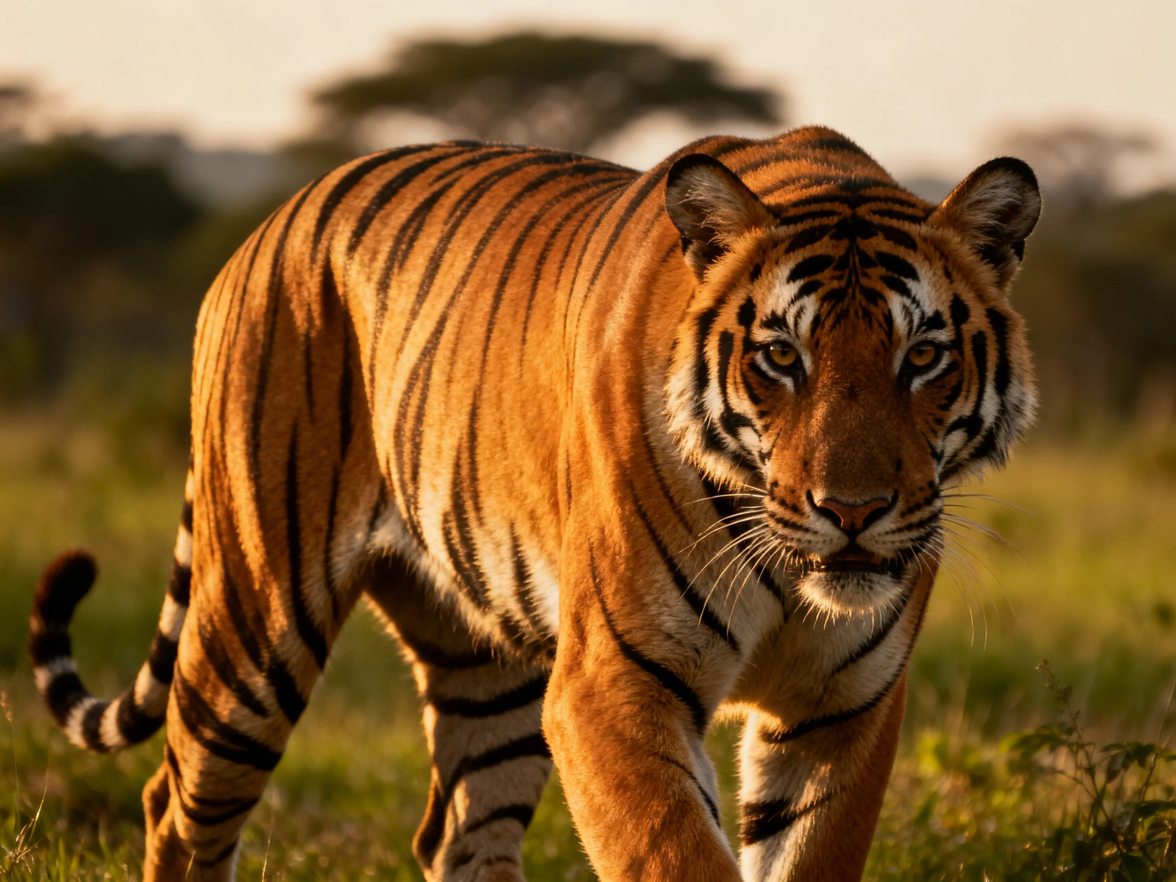 A majestic orange tiger with bold black stripes in a sunlit savannah