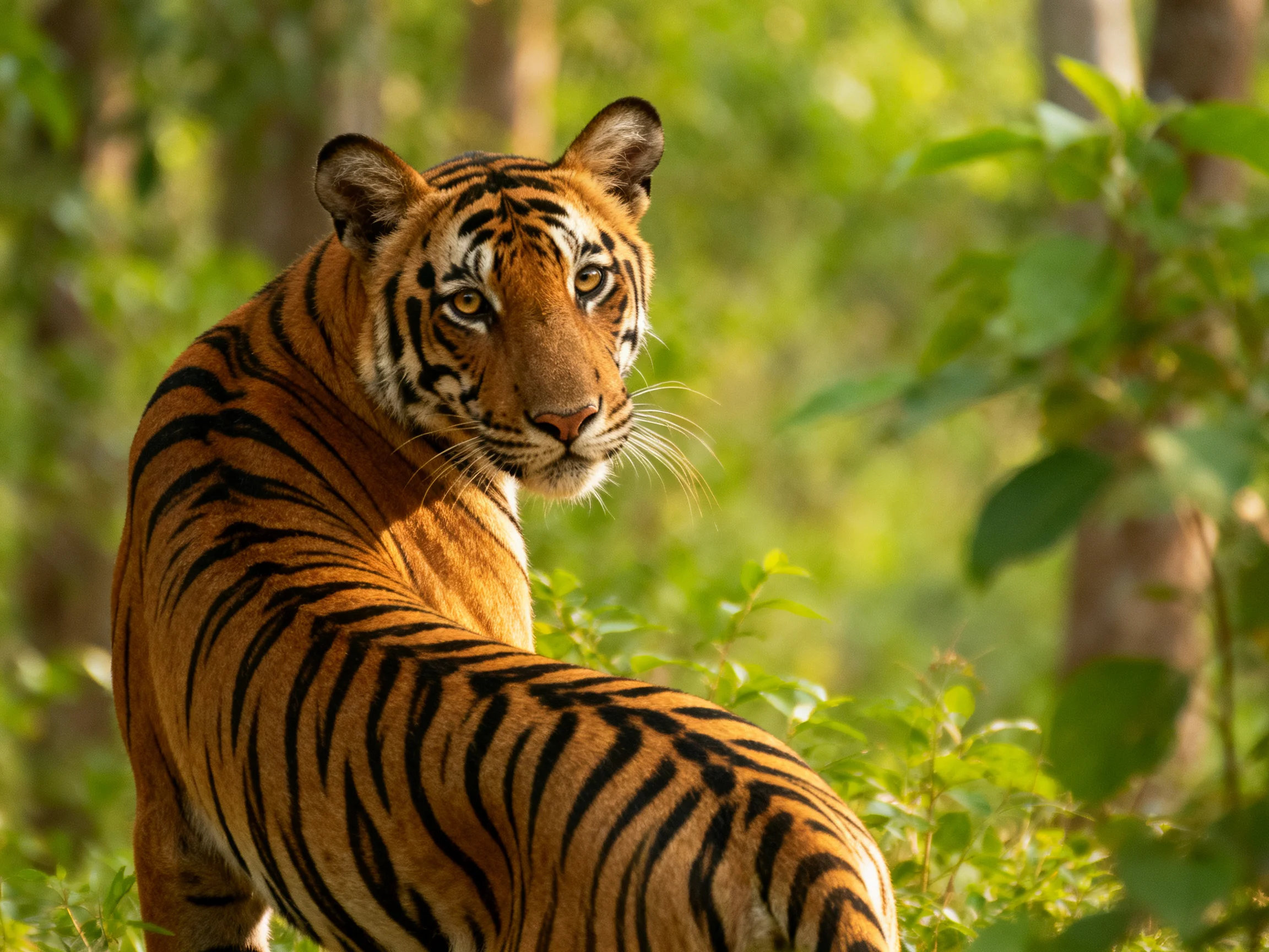 A majestic orange tiger with bold black stripes in lush greenery
