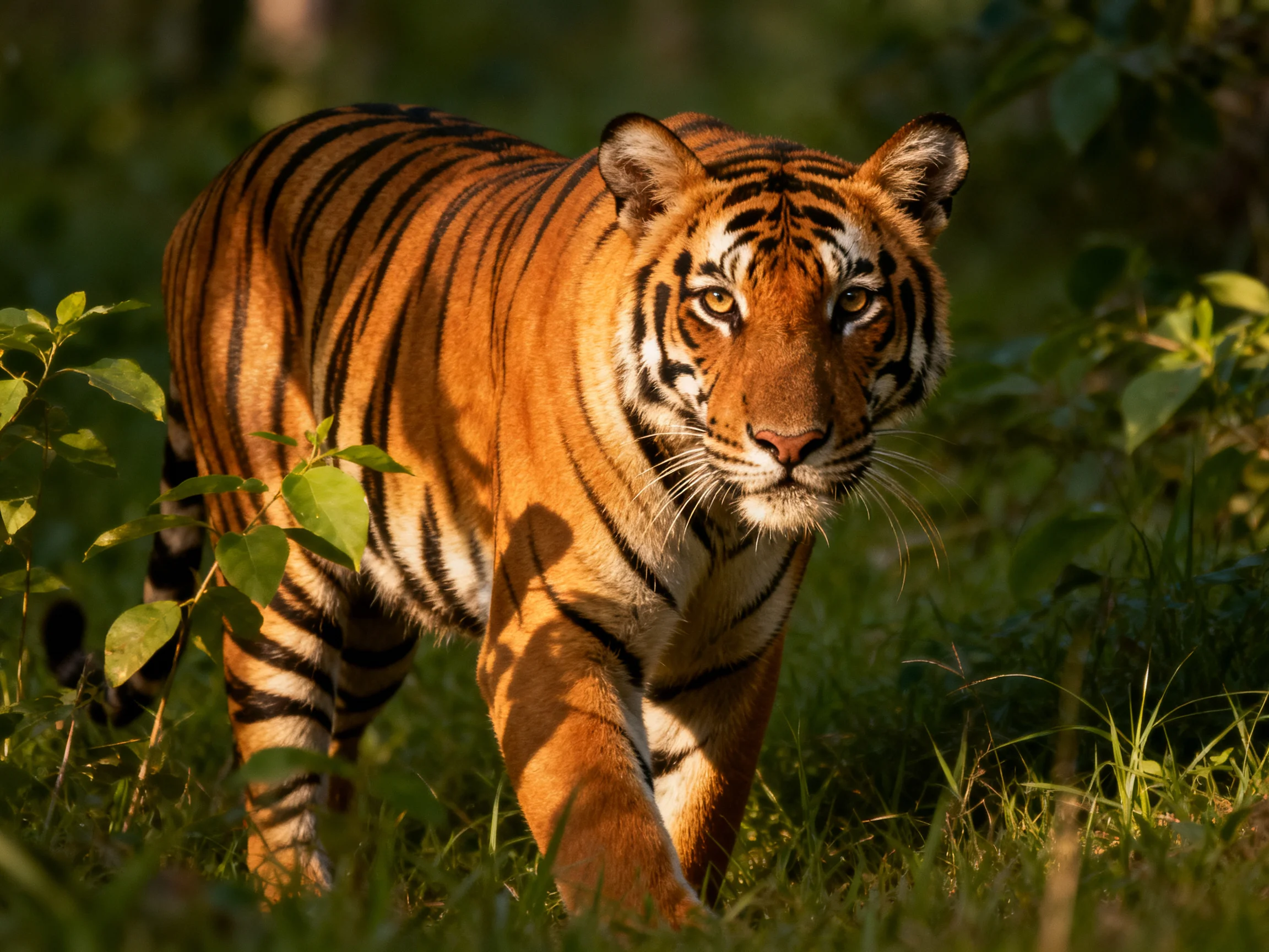 A majestic orange tiger with bold black stripes in lush greenery