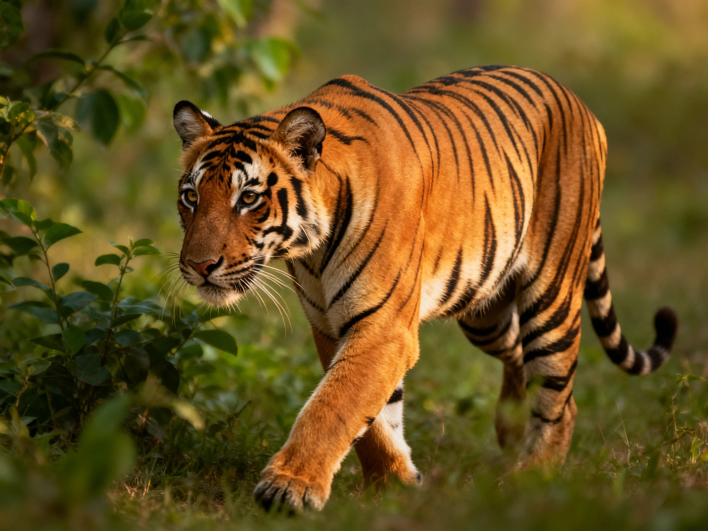 A majestic orange tiger with bold black stripes in lush greenery
